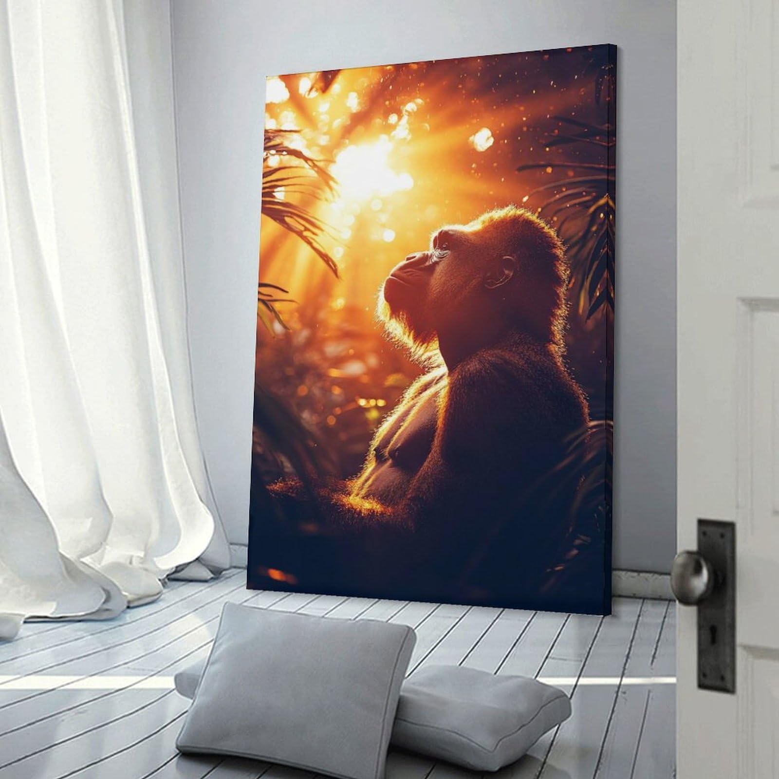 Junmoney Frame-Style-3-1-1 Gorilla Gazing At Sunlight In Jungle Canvas Art Print 12X18inch(30X45cm), For Work Areas, Reading Rooms Or Studios, Canvas Wall Decor For Creative Rooms