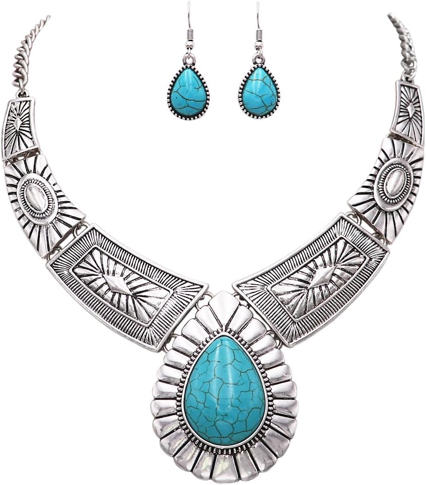 Rosemarie Collections Women’s Chic Western Teardrop Howlite Stone Statement Necklace Earrings Set, 16"+3" Extender