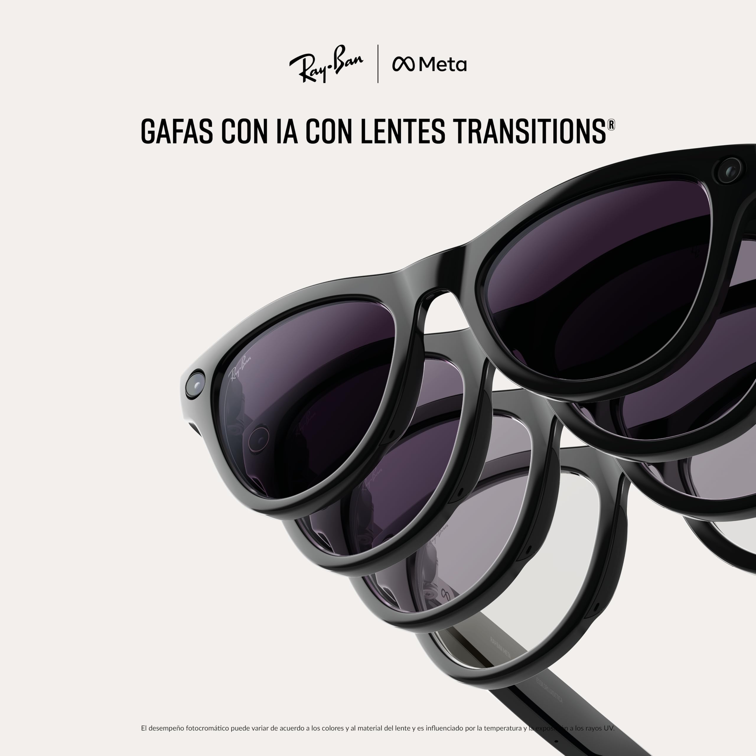 Ray-Ban Meta (Gen 2) Skyler Gafas IA para Hombre, Mujer — Cámara Ultra-Wide 12 MP, Video 3K Ultra HD, Meta AI — 2X Duración de Batería — Montura Negra Brillante, Lente Transitions® Amethyst
