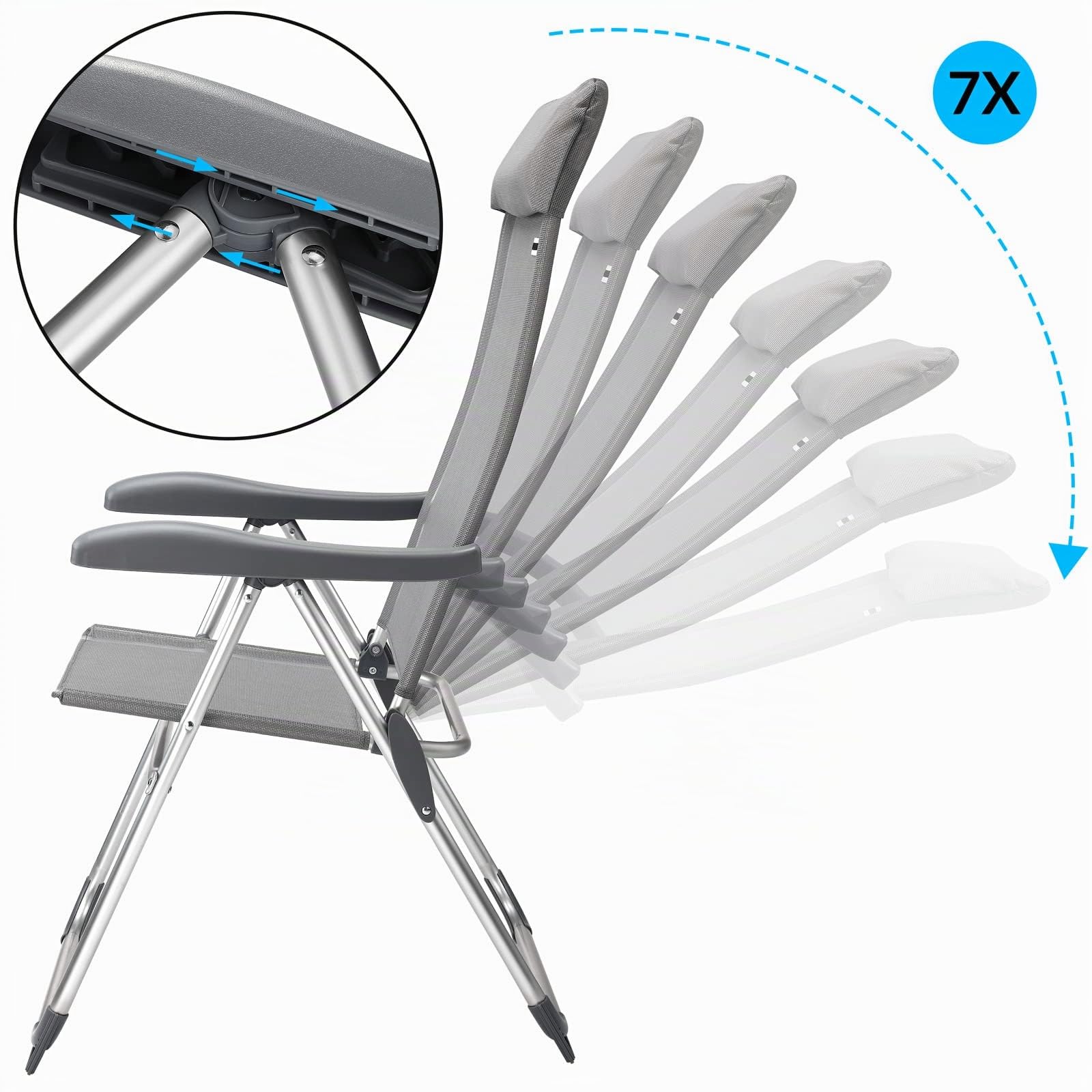 Casaria® Lot de 2 Chaises de Jardin Pliantes en Aluminium Gris - Dossier Réglable 6 Positions avec Accoudoirs, Chaises Extérieur pour Terrasse, Balcon, Camping, Plage & Piscine