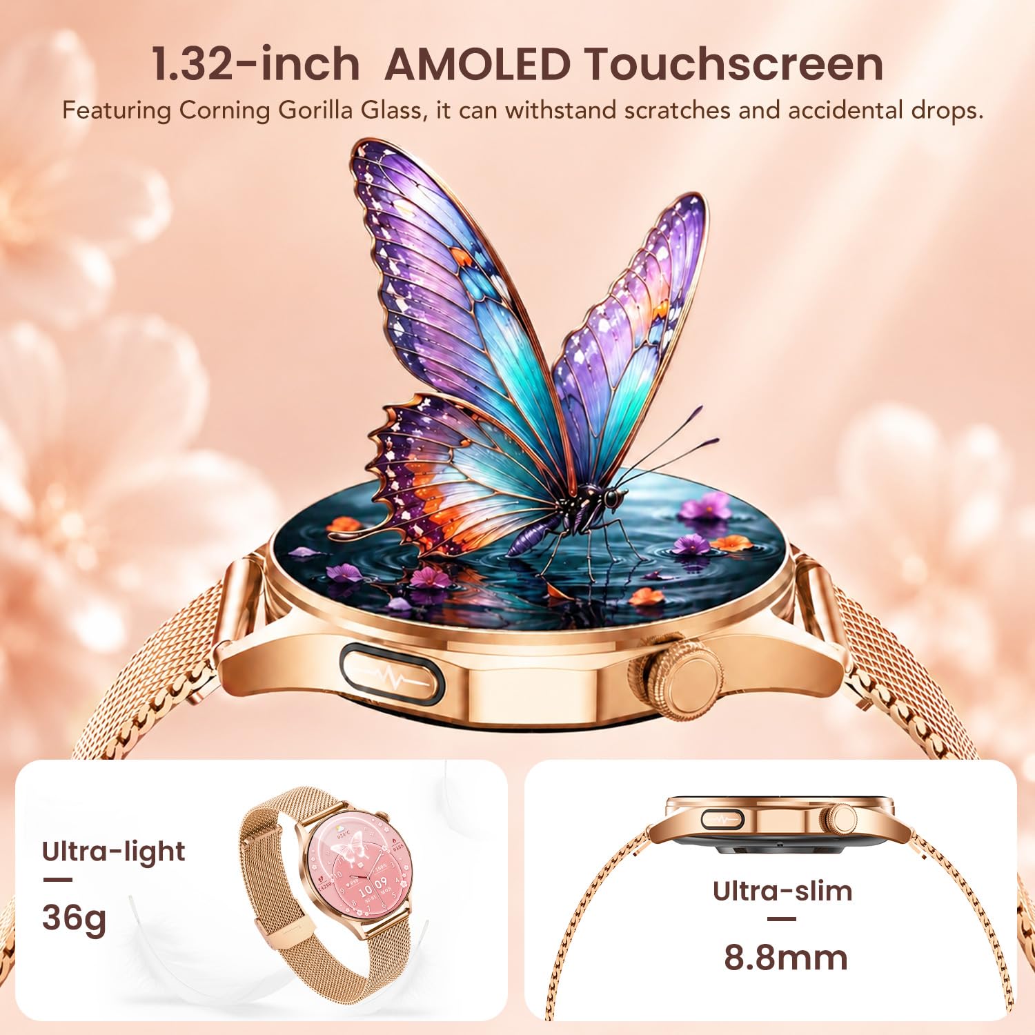 Smartwatch Reloj Inteligente Mujer con 𝐄𝐂𝐆+𝐇𝐑𝐕: 1.32" AMOLED Pantalla Táctil Deportivo Smart Watch con Llamadas Bluetooth IP67 Frecuencia Cardíaca Presión Arterial SPO2 Sueño para Android iOS