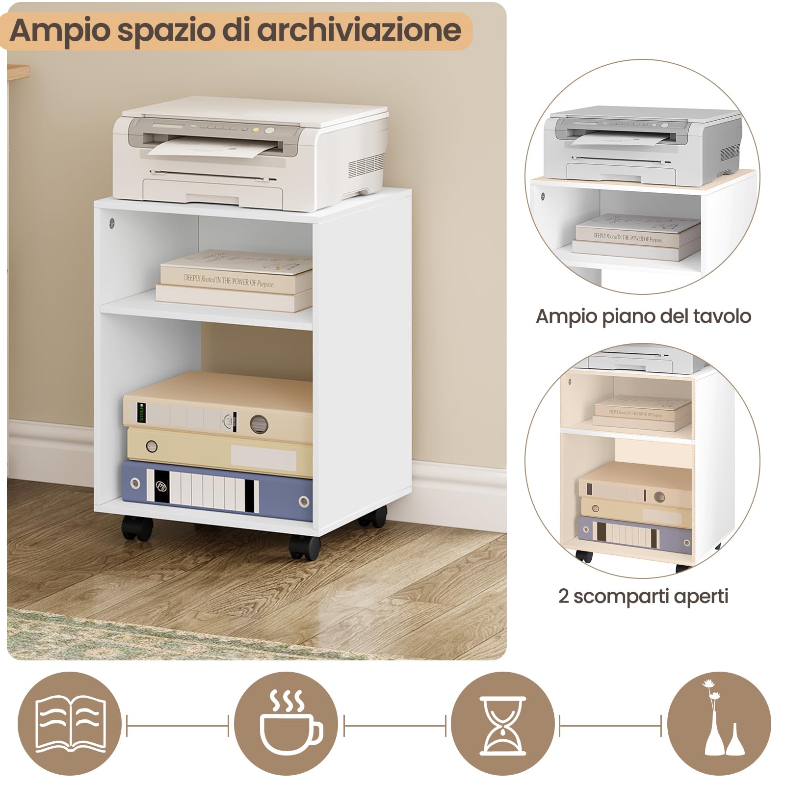EUGAD Porta Stampante con Ruote, Mobile Stampante con 2 Scomparti Aperti, Tavolino Mobile, per Ufficio e Casa, in Legno, 40x35x55 cm