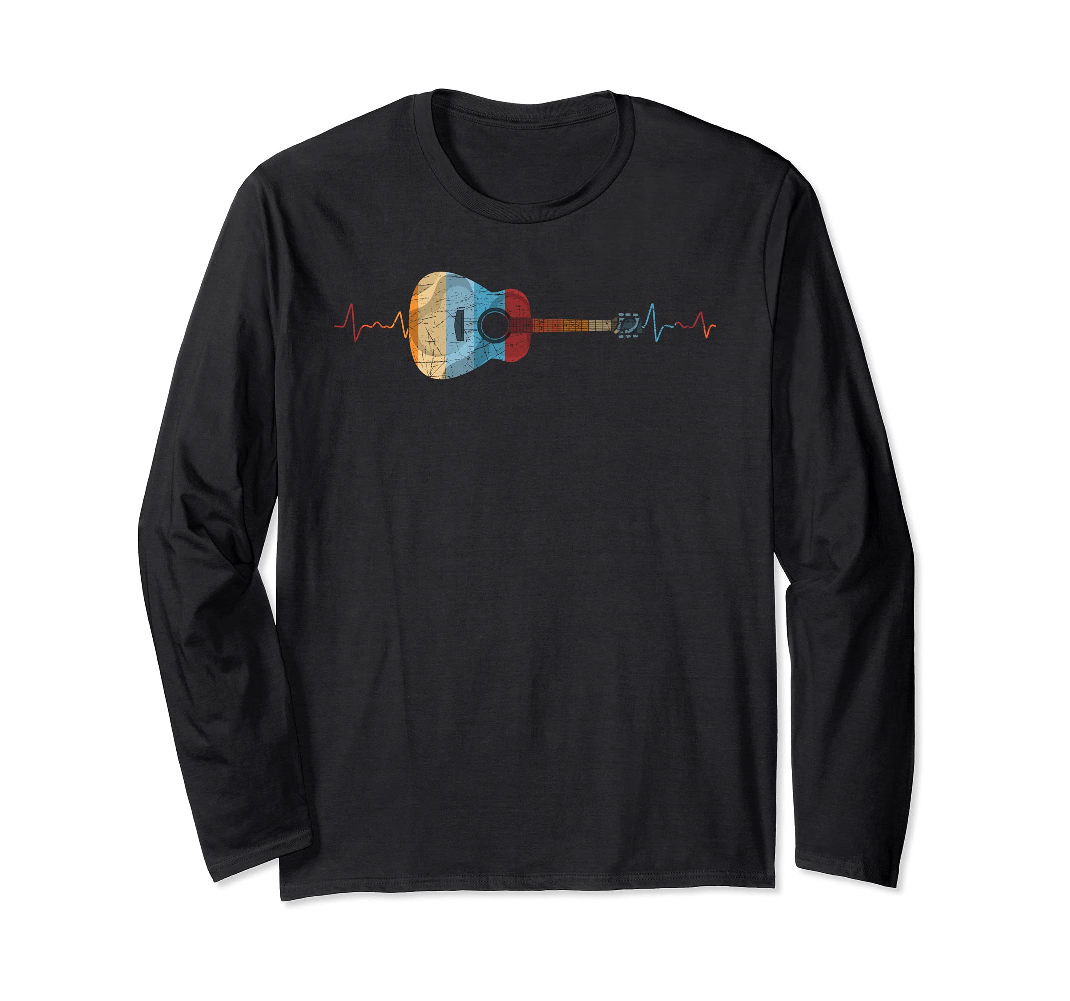 Guitar Player Guitarist Heartbeat Retro Acoustic Guitar Long Sleeve T-Shirt, Black