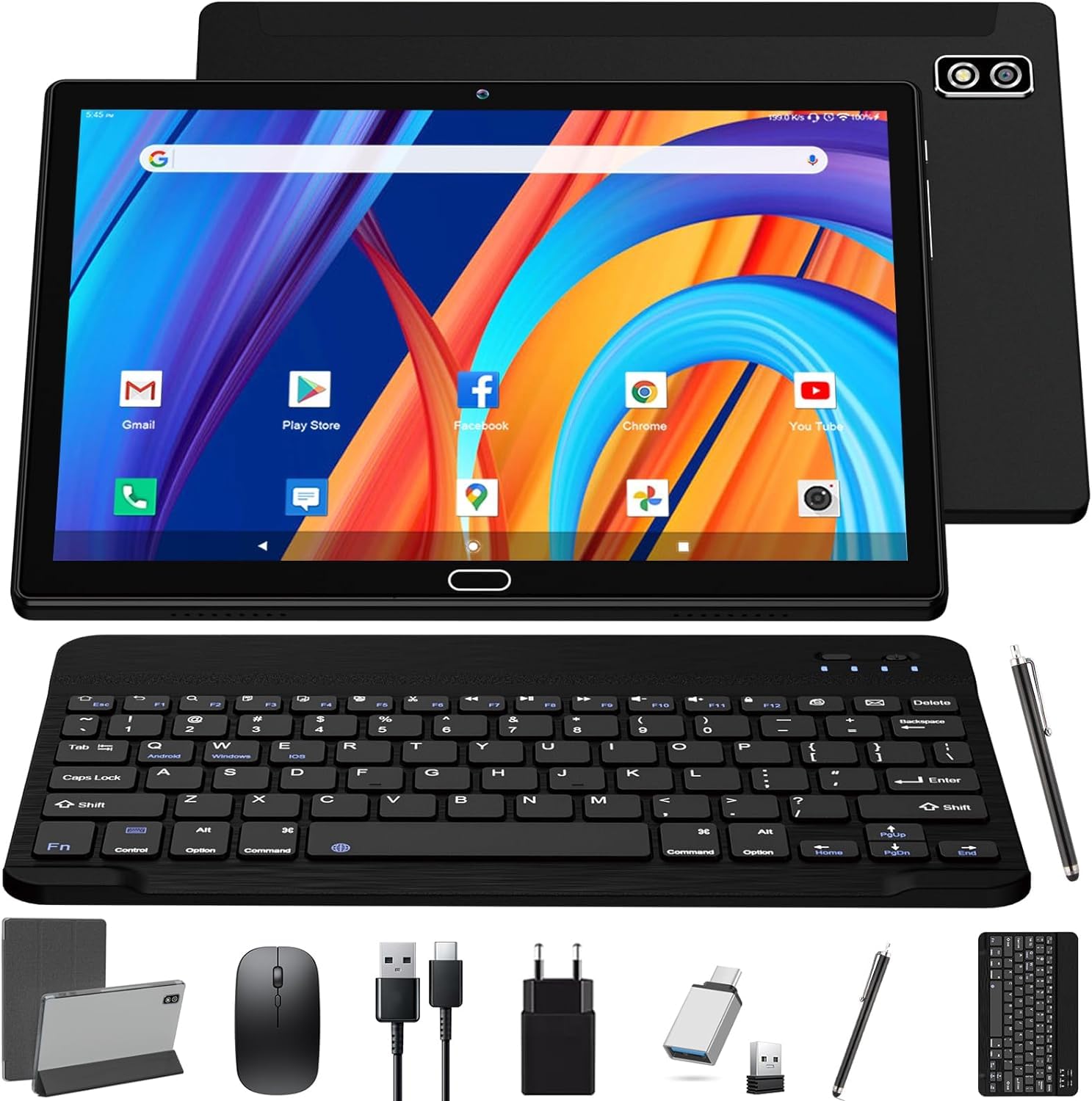 KADYBE 2024 Ultima versione Android 13 Tablet 10 Pollici con tastiera e mouse, 64 GB ROM 512 GB TF Octa-Core, 2 in 1 Tablet con 2 SIM Slot 1 SD, | 5+13 MP | 1,6GHz | 6000 mAh |Typ-C(Nero)