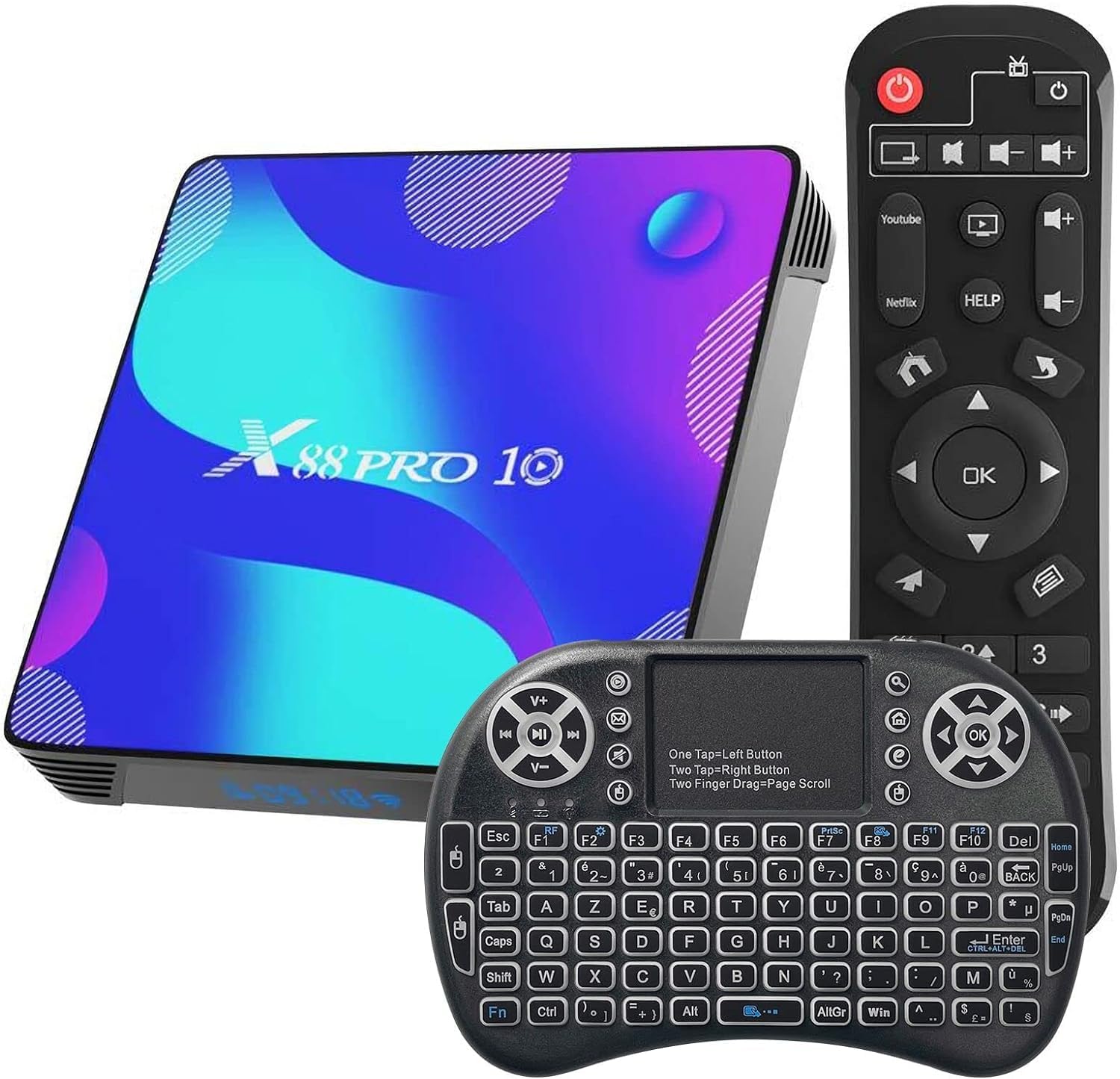 WEILY Android 11.0 TV Box with remote and user interface showing various apps.