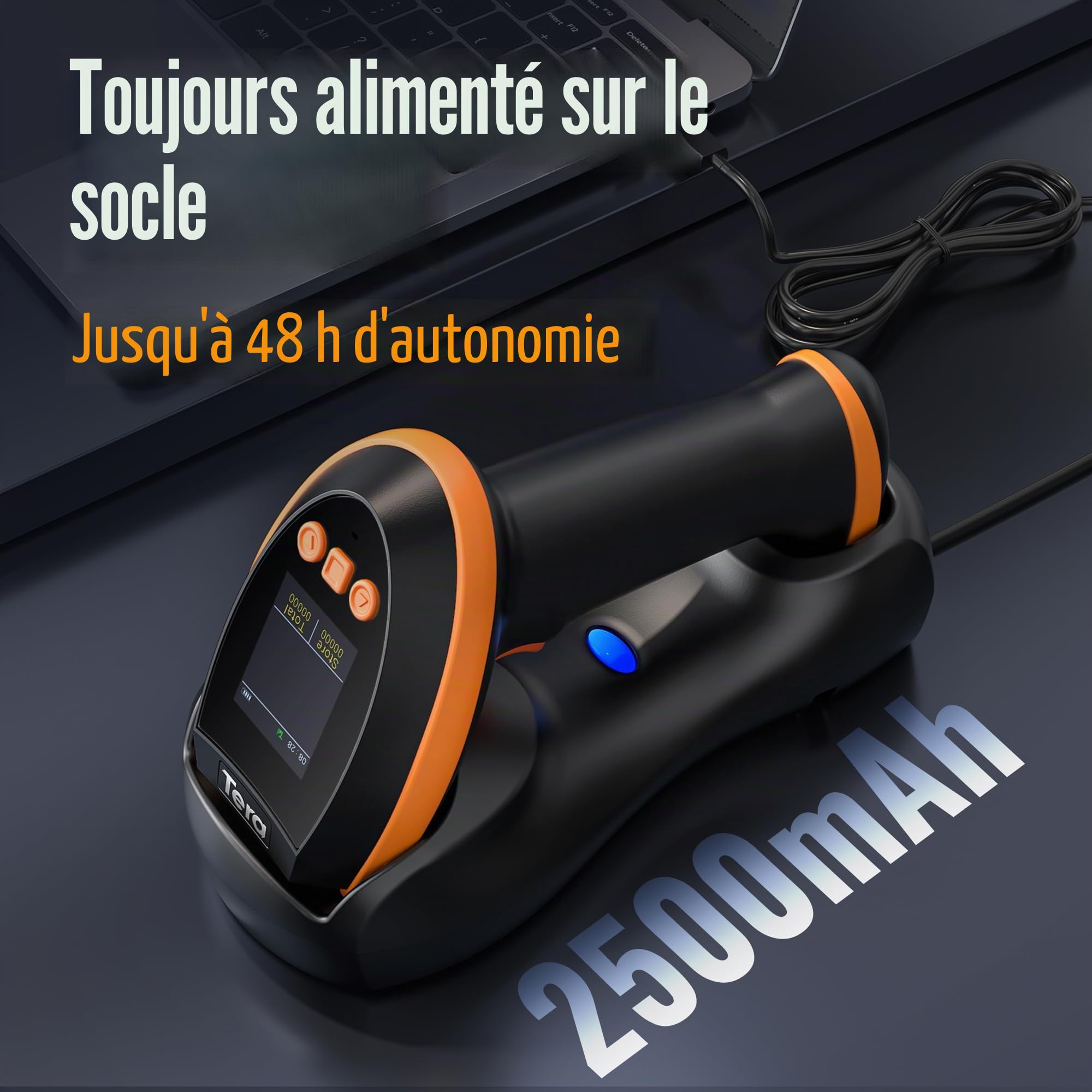 Tera Scanner de codes-barres avec écran de réglage numérique et clavier, version Pro, vitesse de numérisation extra rapide, fonctionne avec Bluetooth 2,4 G sans fil et USB filaire 1D 2D QR lecteur de