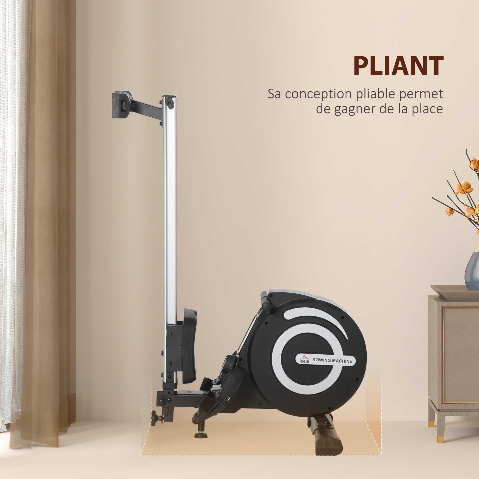 HOMCOM Rameur d'appartement Pliable freinage magnétique - Silencieux - 8 Niveaux de résistance magnétique - Glissière en Aluminium - écran LCD Multifonction - Acier alu. ABS Noir Argent