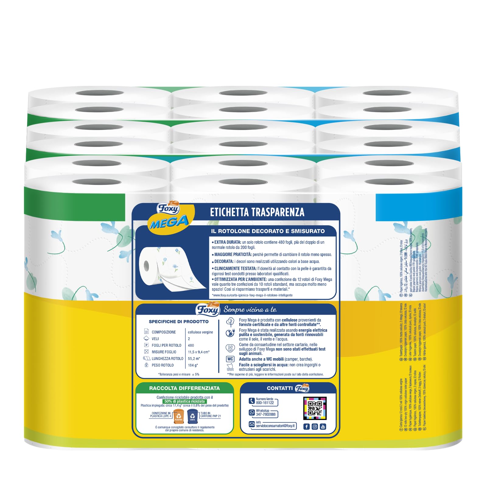 Foxy Mega | Carta igienica 36 rotoli| 480 strappi| Decorata |100% Energia elettrica rinnovabile| Confezione prodotta con plastica riciclata