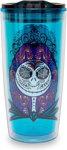 Disney Nightmare Before Christmas Sugar Skulls 20-Ounce Plastic Travel Tumbler With Slide Close Lid | Tall Carnival Cold Cup For Drinks, Juice, Lemonade | Home & Kitchen Essentials, Halloween Decor