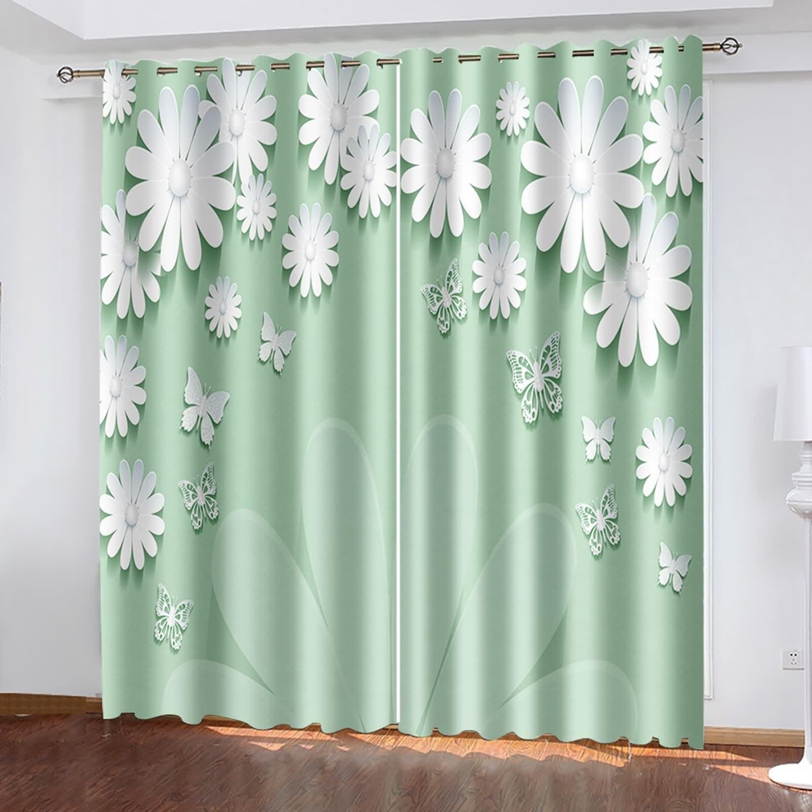 Rideaux cuisine vert menthe blanc en polyester avec fleurs et papillons 3D pour grand vitrage