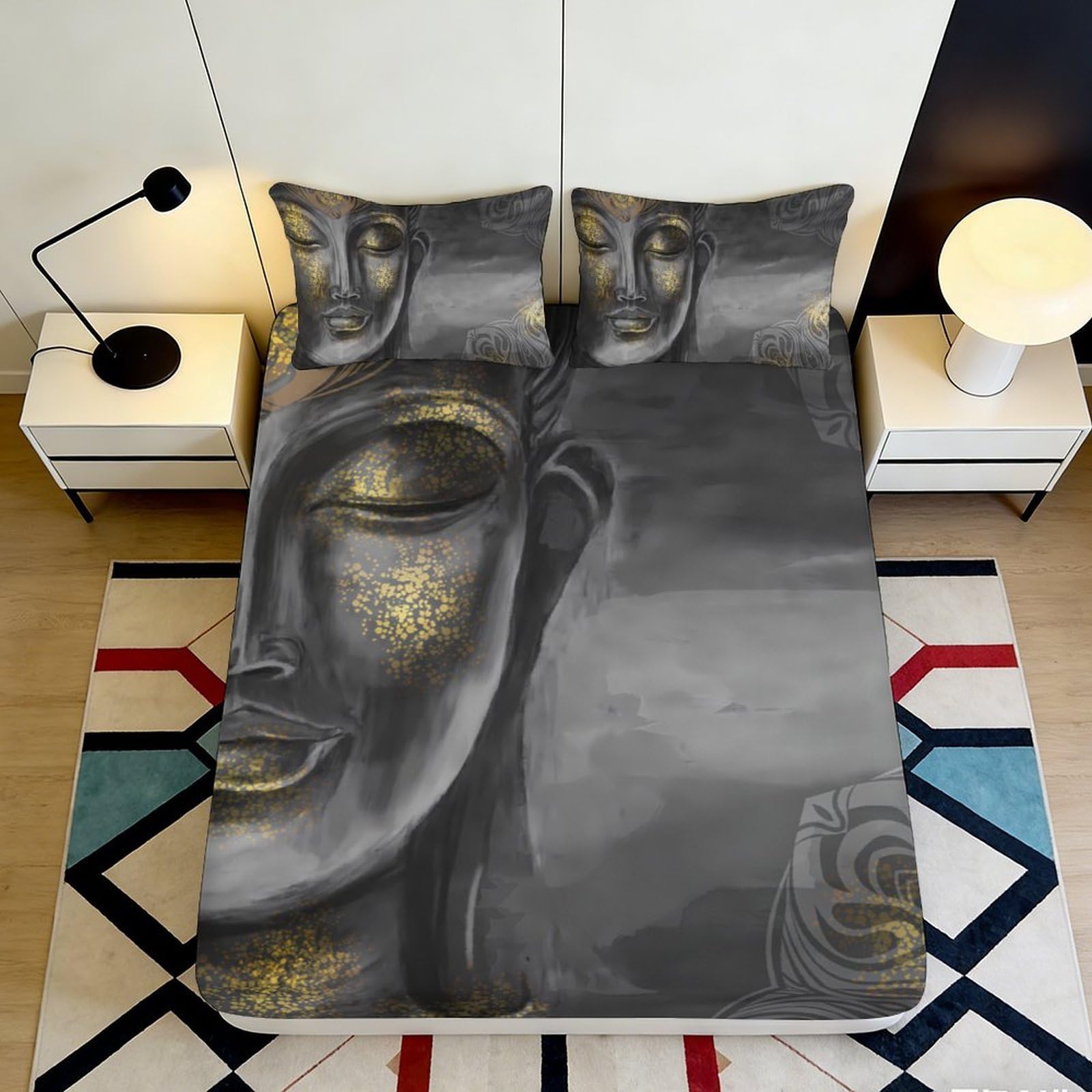 3D Printed Buddha Face Fitted Sheet Microfiber Soft Breathable Abstract Art Bed Cover for Bedroom Dormitory Guest Room Mattress Protection Decor 120x200x25cm