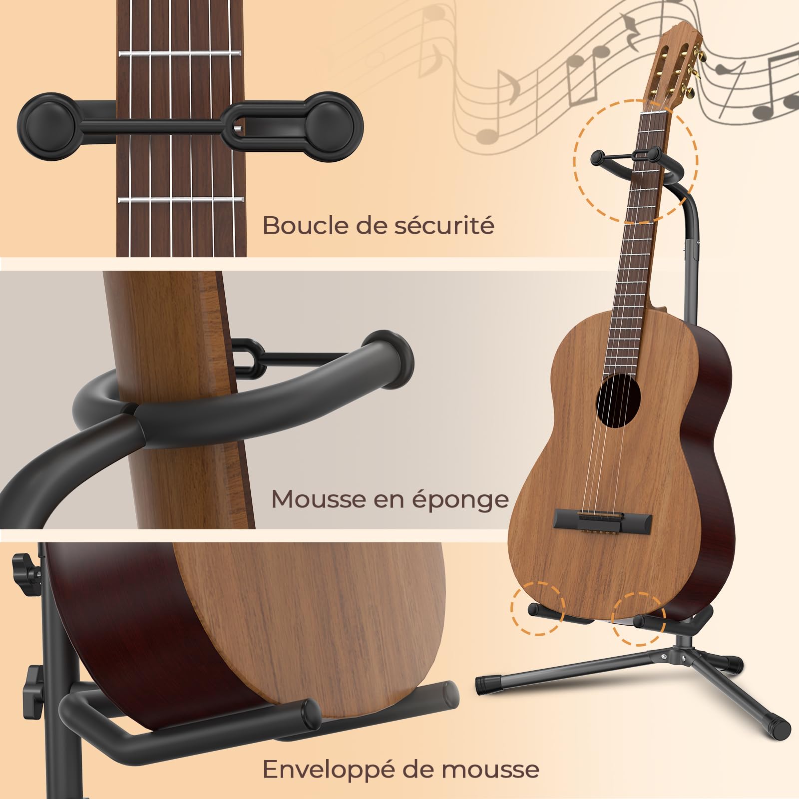 GLEAM Support pour guitare - Ajustable pour guitares électriques, classiques et basses, Capacité de charge : 9 kg, Accessoires, Type pliable Noir (CG-4)