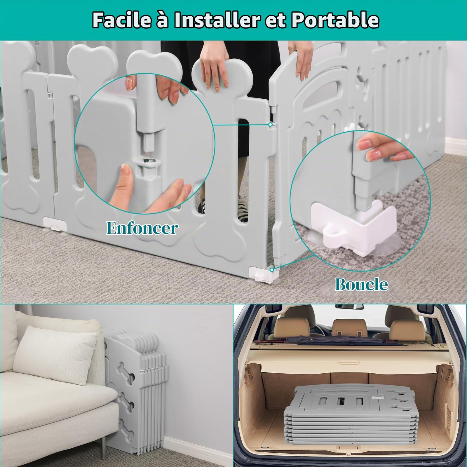 MAMIZO Parc pour Chien 60 cm Haut, Plastique Parc Chien 7+1 PCS Panneaux, Parc Chiot Pliable avec Portail, avec ventouses et ancrages au Sol, Enclos pour Chat et Lapin Interieur Extérieur, Gris | Parc Chiot Pliable avec Portail, avec ventouses et ancrages