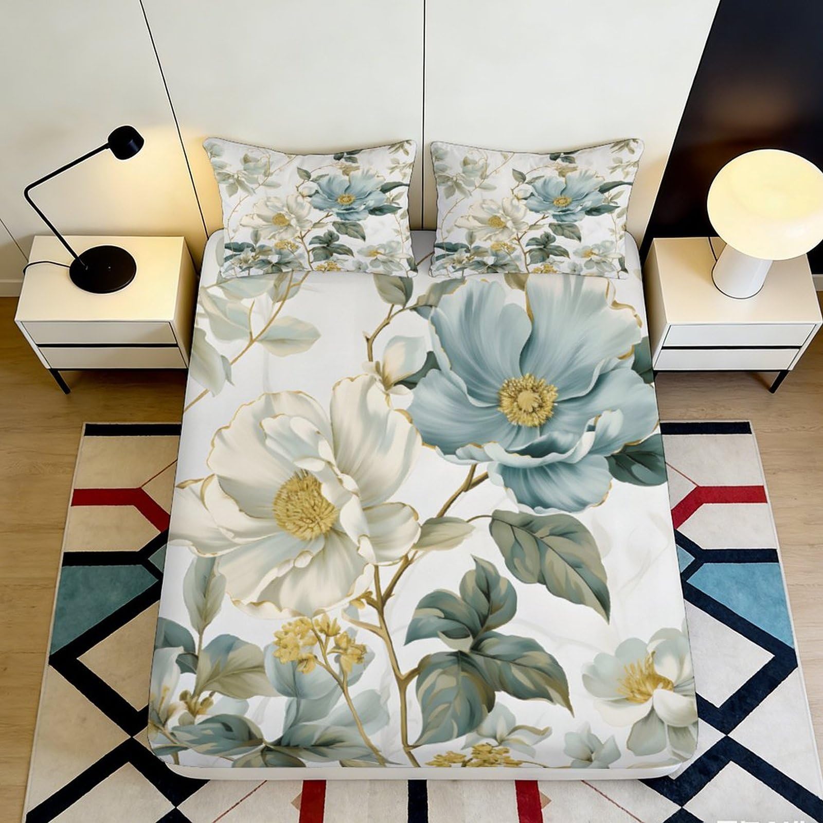 3D Printed Blue Floral Fitted Sheet Microfiber Soft Bed Sheet for Bedroom Guest Room Artistic Botanical Mattress Cover 90x200x25cm