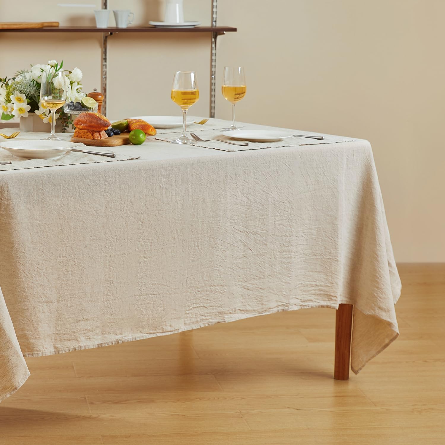 DAPU Tischdecke Leinen, 100% Französisches Naturleinen Rechteckige Tischdecke 140×220cm (Naturleinen, 140 x 220 cm)