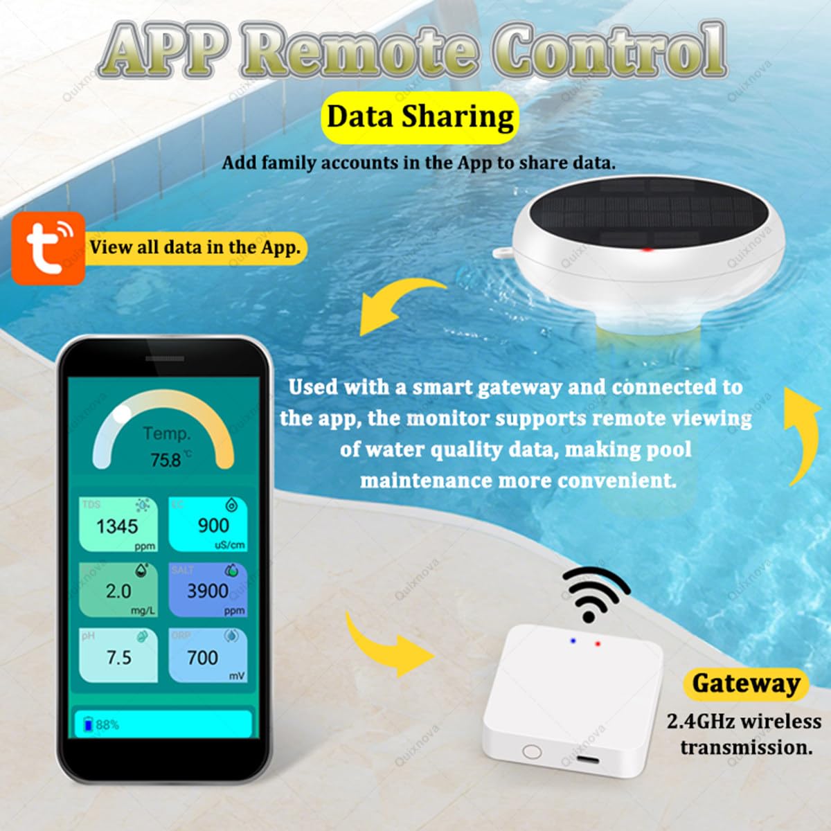 Medidor flotante de calidad del agua 7 en 1 con control por aplicación