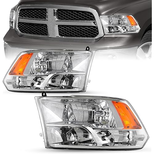 Quad Pickup Headlight Assembly Compatible with 2009-2018 Dodge Ram 1500 2500 3500 OE Replacement Halogen Headlamp Driver and Passenger Side Chrome Housing with Amber Reflector