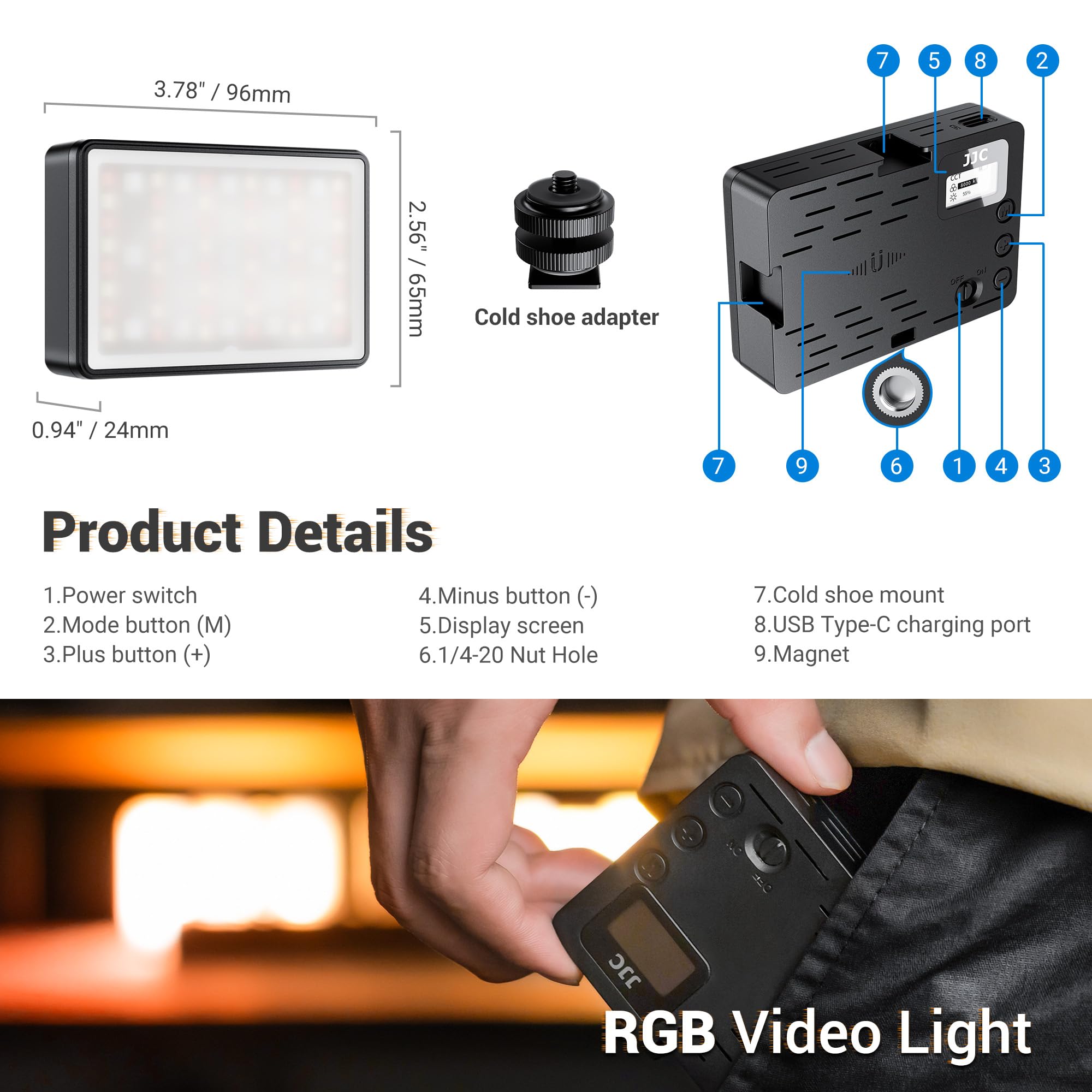 JJC Luce Video RGB Magnetica, Pannello LED Portatile per Sony ZV-E10/ZV-1 II/ZV1F/A6400/A6600/A7C/A7SIII, 2500K-8500K Colori Completi 360°, 24 Effetti, Mini Camera Vlogging Luce 2600mAh Ricaricabile