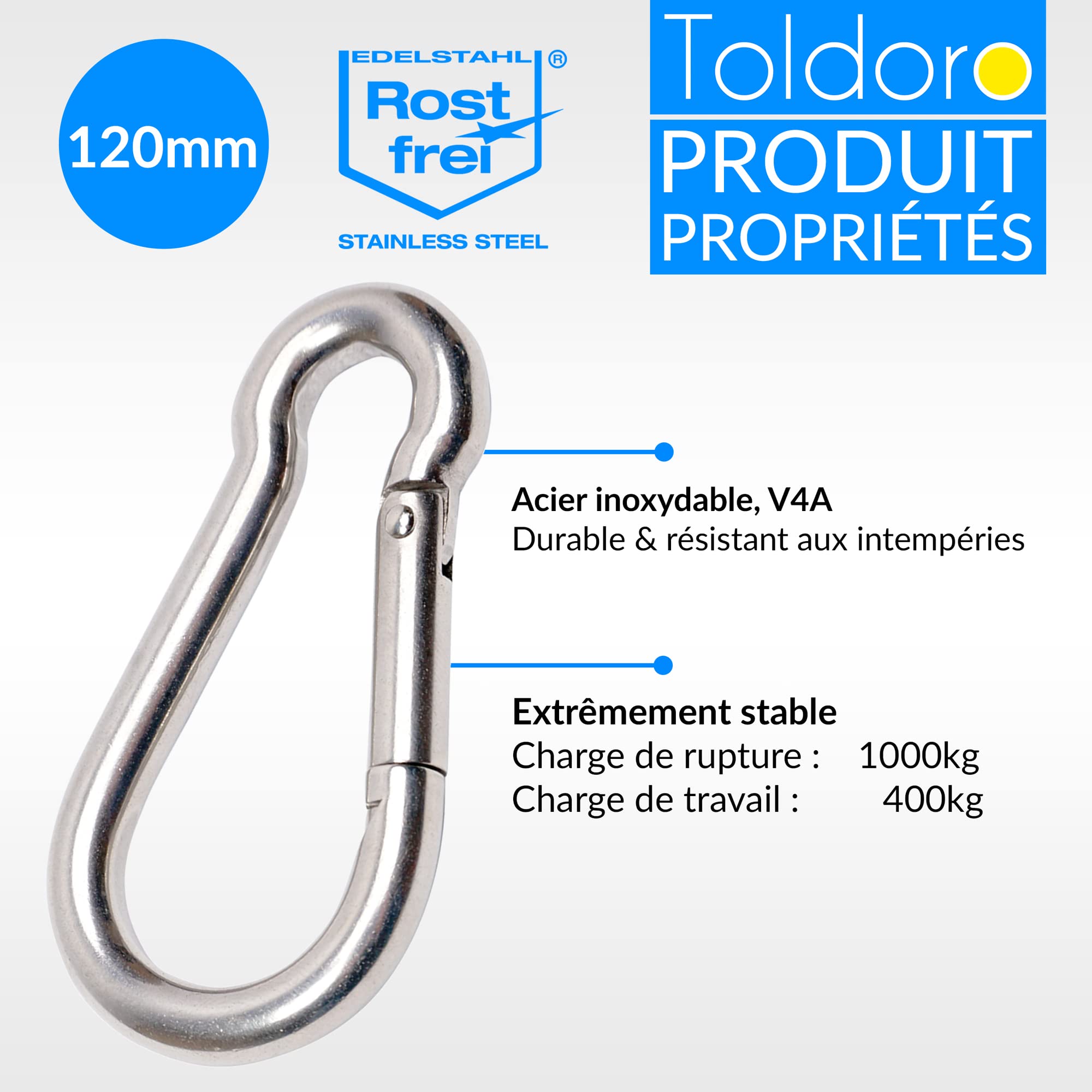 Toldoro 2 Pièces Mousqueton 11x120mm en Acier Inoxydable NIRO AISI 316 V4A - Grande Taille pour Pompier, Sans Cosse
