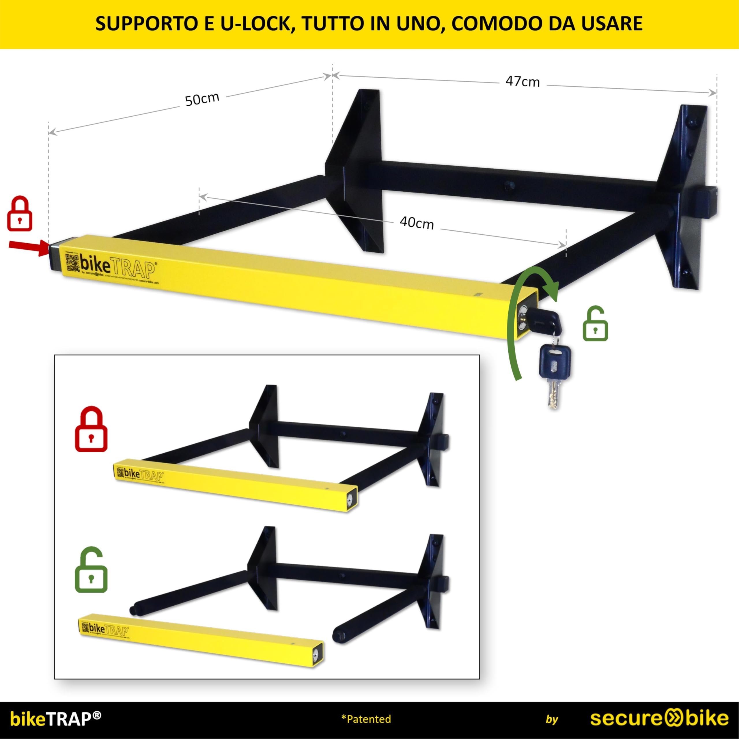 Supporto portabici da muro e lucchetto antifurto - bikeTRAP. Gancio da parete per due biciclette, compatibile con tutte le forme e i pesi. Conserva la bici in garage, cortili … in tuta tranquilità !