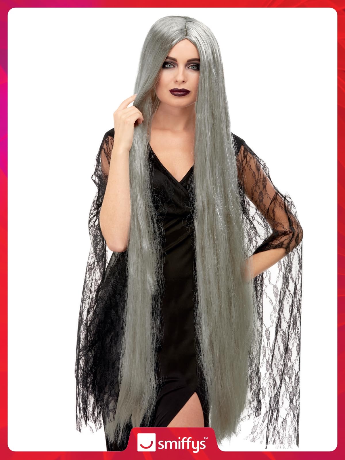 Smiffys Witch Wig Extra Long, Grey 120cm Long, Halloween Fancy Dress Accessory, Witch Dress Up Wigs - Image 2