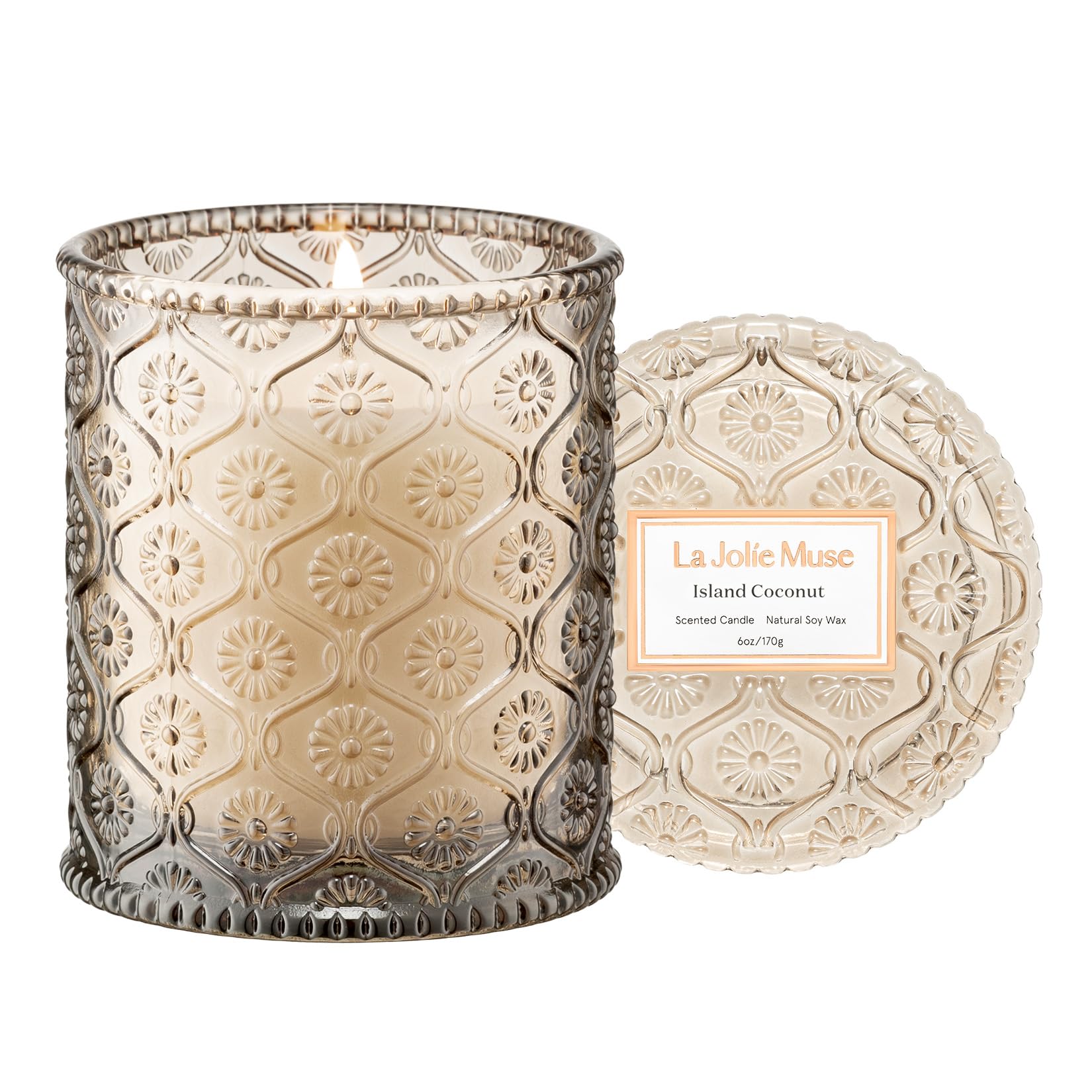 LA JOLIE MUSE Island Coconut Scented Candle – Coconut, Peach & Vanilla | 6oz Luxury Soy Candle | 40 Hours Clean Burn| Gift-Ready for Hosts & Gatherings | Elegant Home Décor