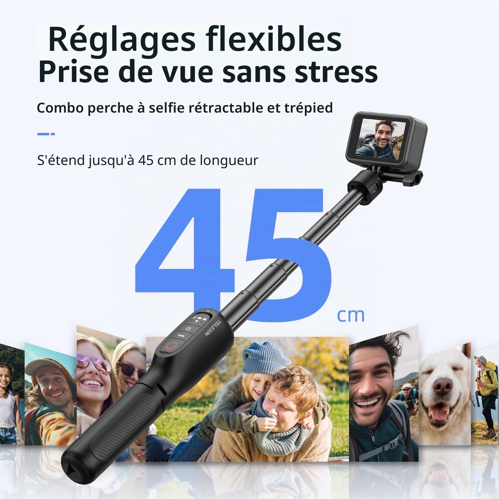 TELESIN° Trépied d'extension Rechargeable pour Perche à Selfie avec Batterie 5000 mAh et télécommande pour GoPro Max Hero 13 12 11 10 9, trépied de Batterie de Grande capacité pour Go Pro