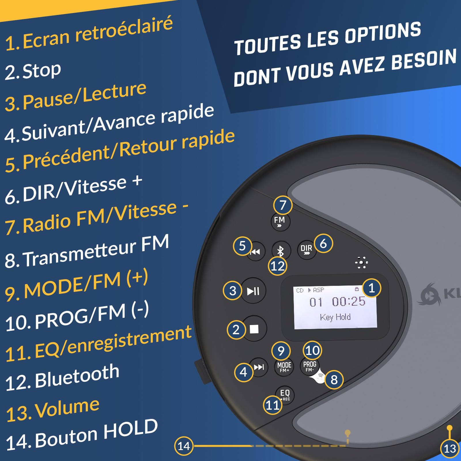 KLIM Discover - Lecteur CD Portable avec Batterie Longue durée et Casque - Radio FM - Compatible MP3 et Carte SD - Transmetteur FM, Bluetooth - Idéal pour Voiture