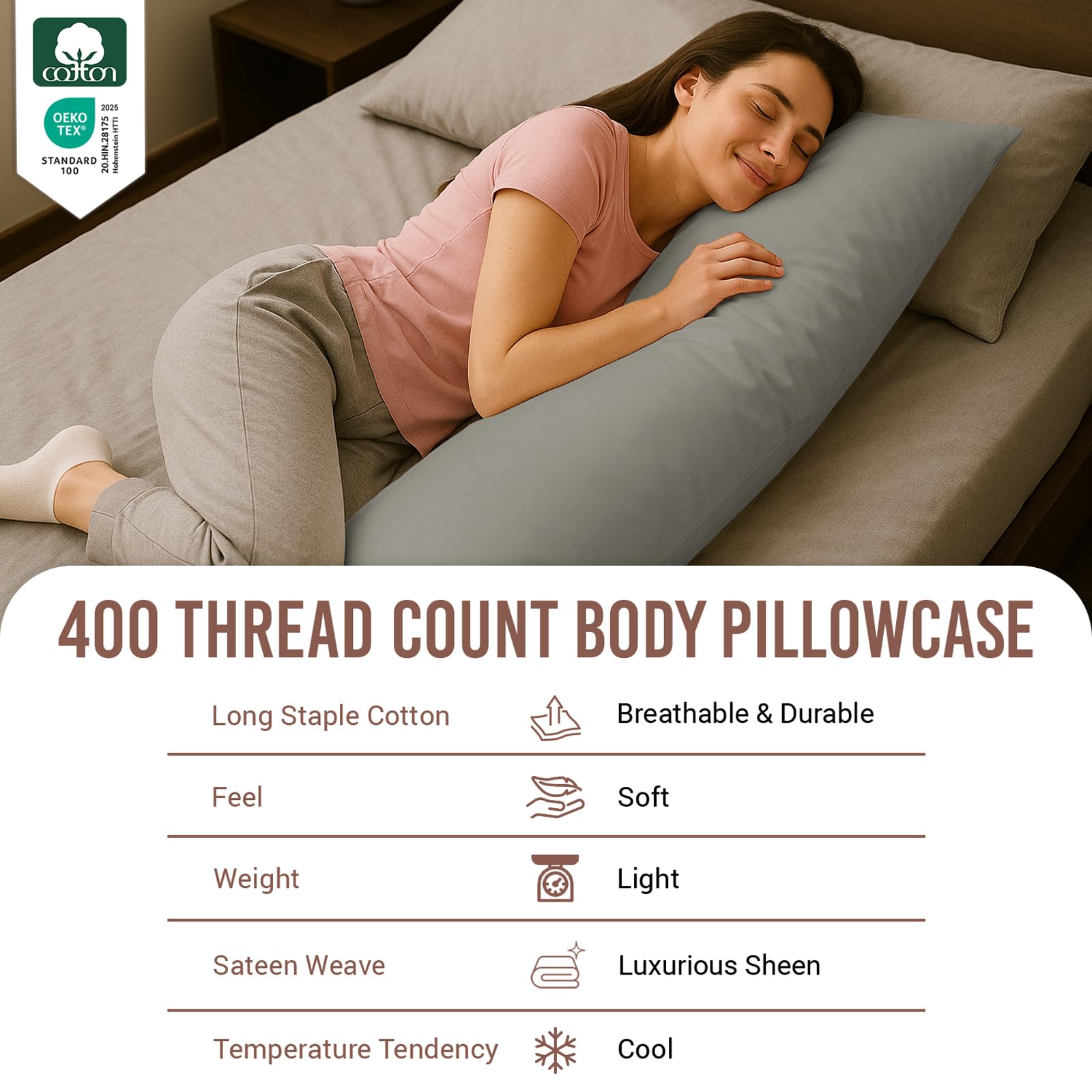 Pizuna Cotton Ash Grey Body Pillow Cover 1 Piece Only, 400 Thread Count 100% Long Staple Cotton Body Pillow Case 52x140 cm - Image 2