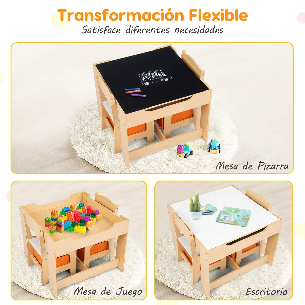 RELAX4LIFE 3 en 1 Juego de Mesa y Silla Infantil con Pizarra y Pizarra Blanca, Mesa Infantil con Sillas y 2 Cajas de Almacenamiento, Mesa Infantil Reversible para Guardería, Sala de Juegos (Naranja)