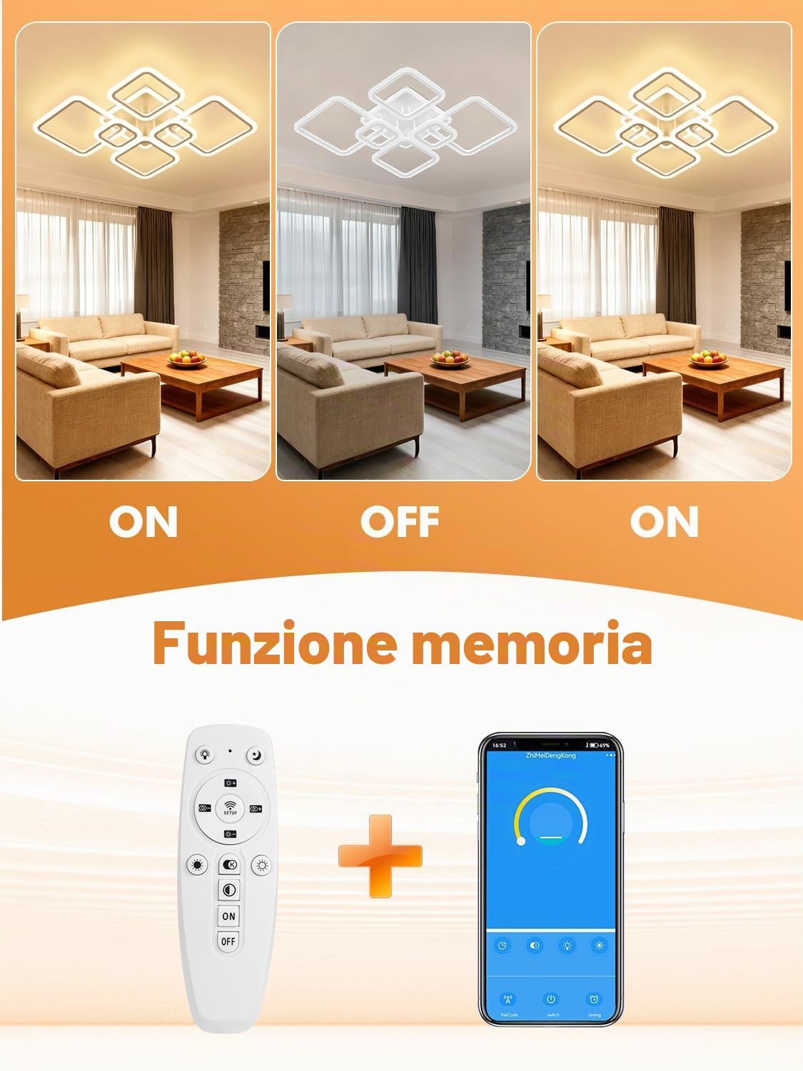 Plafoniera LED Soffitto Moderna Dimmerabile,120W Lampada da Soffitto con Telecomando & APP,3000K-6500K Plafoniera con Funzione di Memoria,Quadrata Lampada er Soggiorno Camera da Letto Cucina, Bianco