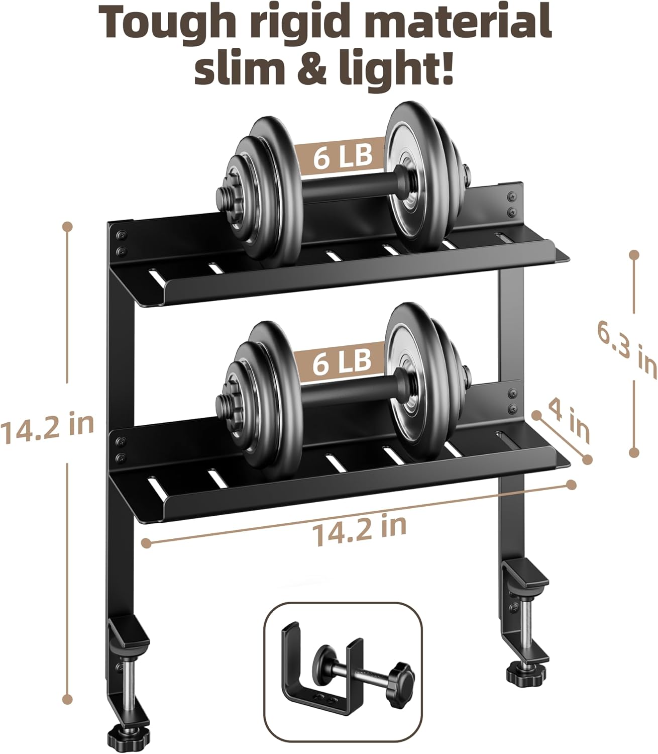 Delamu 2-Tier Clamp On Desk Shelf, 14.2in Desktop Shelves Organizer, Small Desk Organizer with Cord Hider, Table Extender Attachment Shelves for Workspace & Gaming Accessories, Black