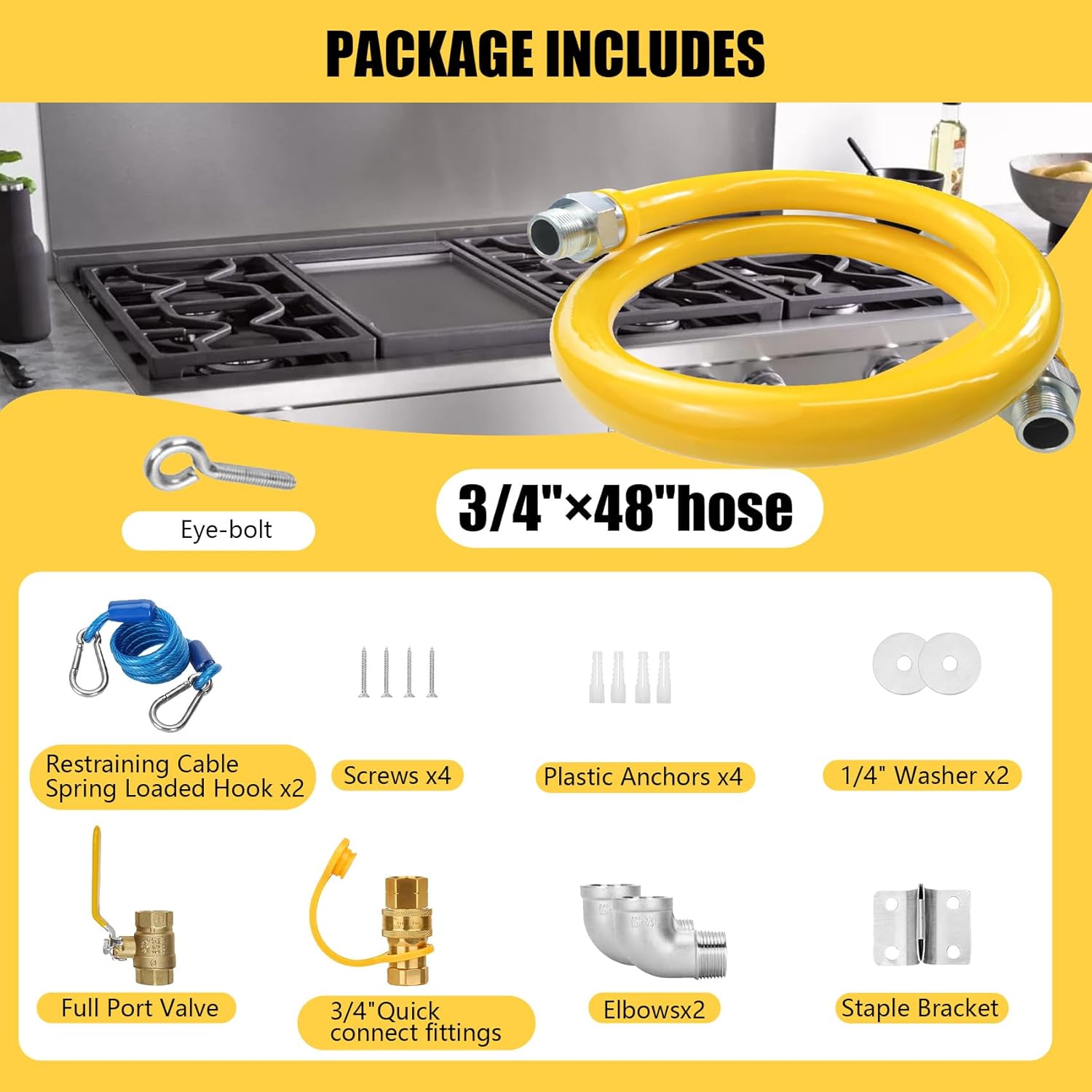 1675kit48 Safety System Kit, 3/4" id natural gas line hose, 48" commercial kitchen gas line hose, mobile gas connector hose kit with 2 elbow fittings, 3/4 flexible gas hose