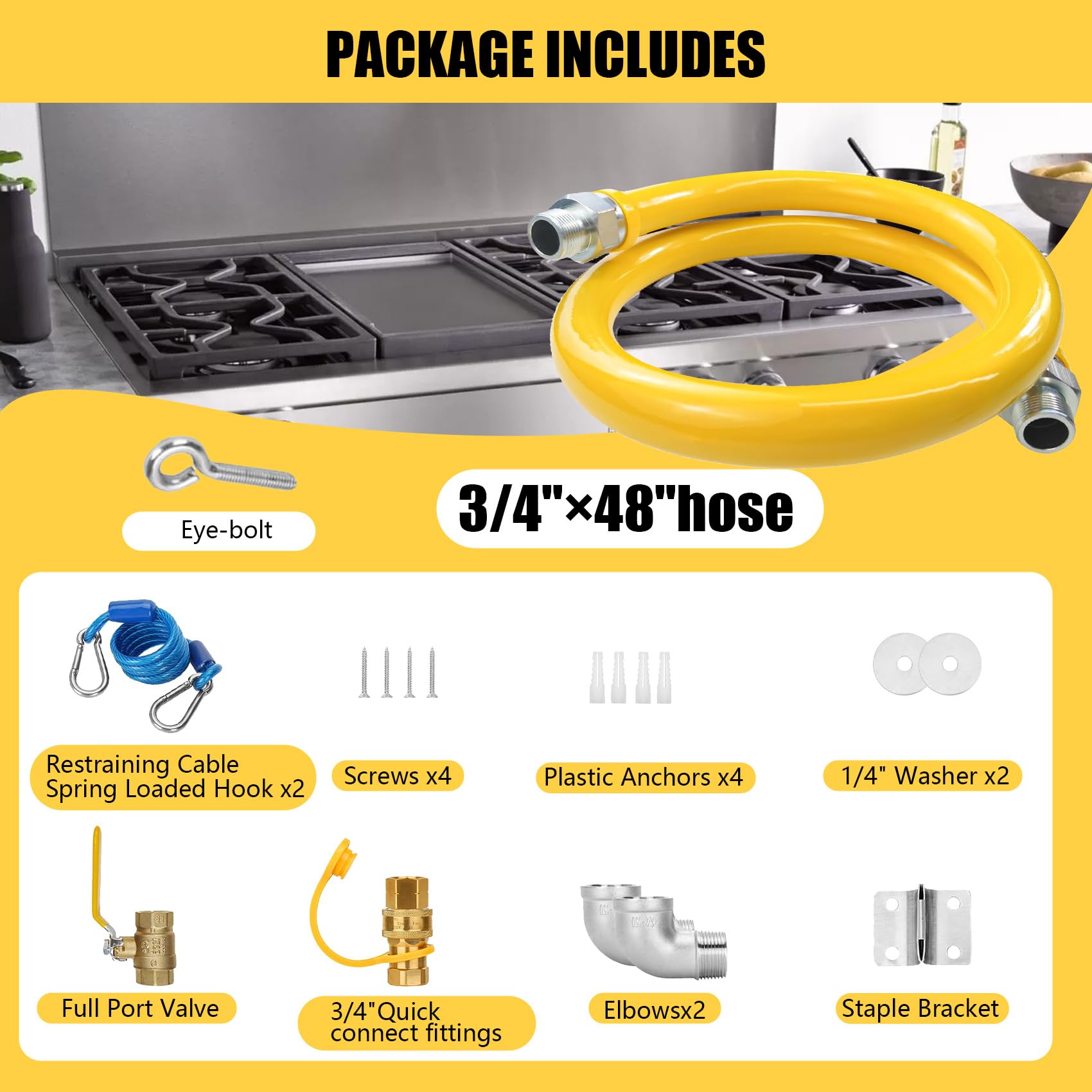 1675kit48 Kit de sistema de seguridad, manguera de línea de gas natural de 3/4 pulgadas de diámetro interior, manguera de línea de gas de cocina comercial de 48 pulgadas, kit de manguera de conector