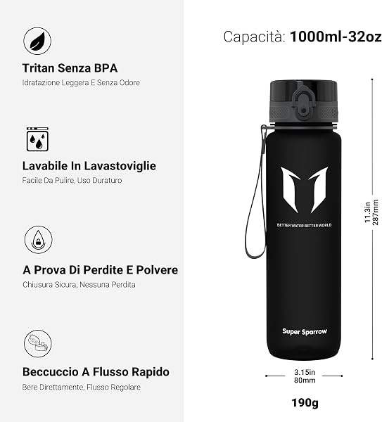 Super Sparrow Borraccia Sportiva & Bottiglia Bambini Senza Perdite - 350ml/500ml/750ml/1L/1.5L - Senza BPA - 3