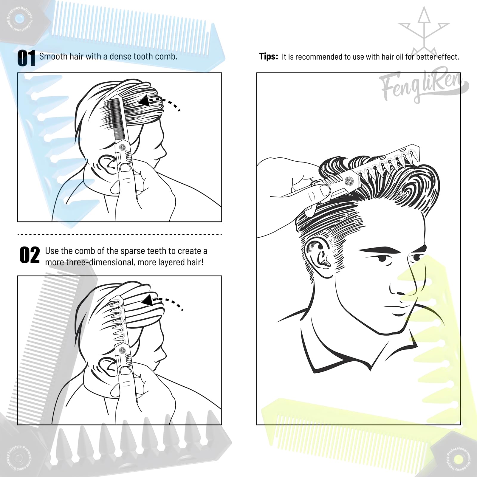 Protable - Peine plegable 2 en 1 para el cabello, peine de dientes anchos, bolsillo disperso para peinar cabello lacio, cabello rizado, barba, bigotes para hombres, peluquería (negro) 4