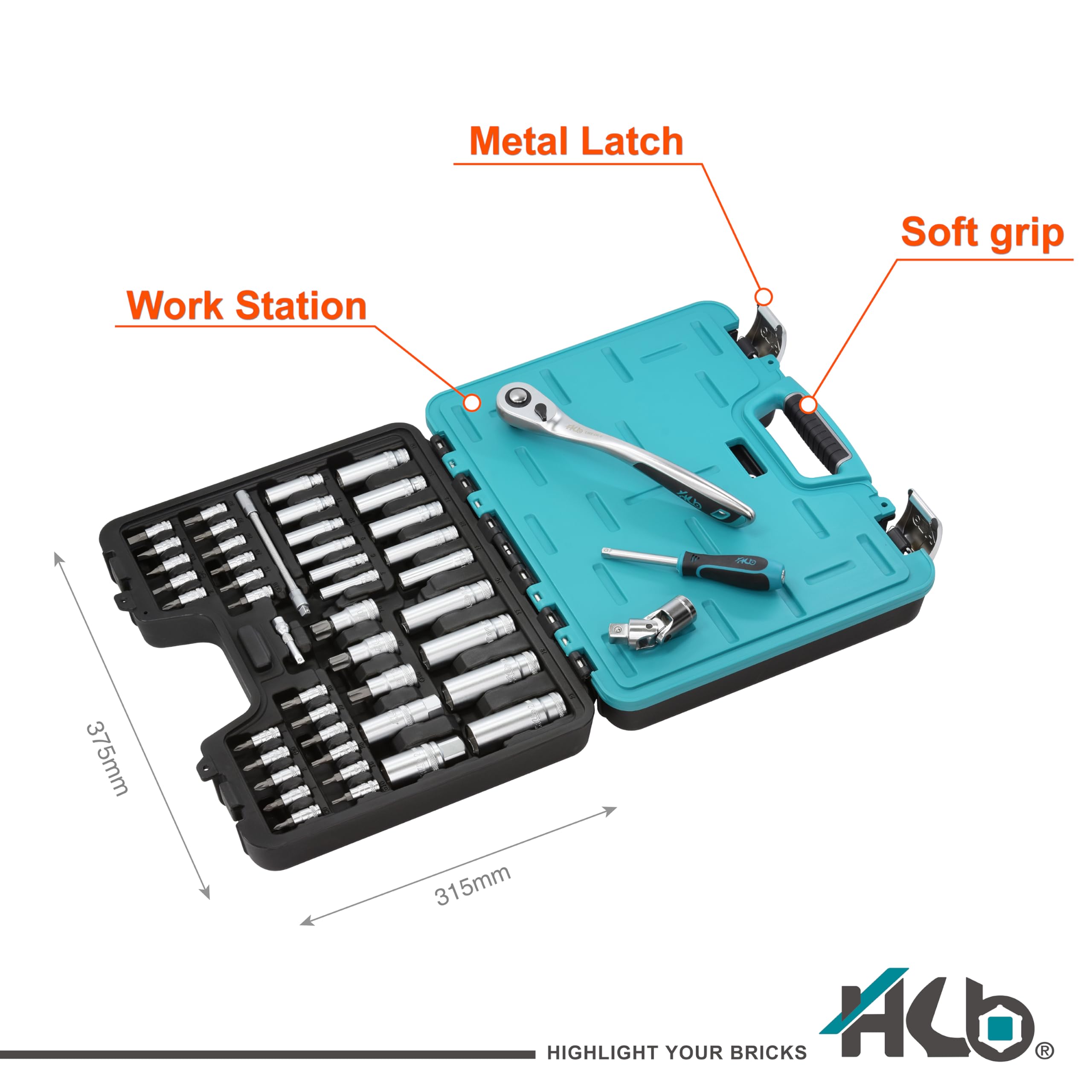 HB Set di Bussole 168 Pezzi con Cricchetto Offset Reversibile 120 Denti 1/2" 3/8" 1/4", Custodia Compatta con Chiusura Metallo, Bussole Metriche ed E-Torx, Acciaio CR-V, Made in Taiwan AKM002-G