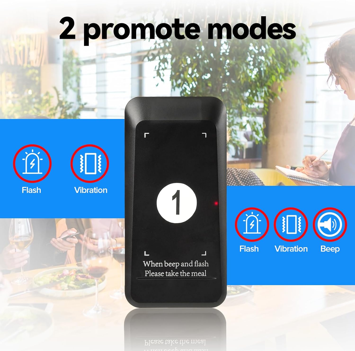 Retekess TD157 Pager System with 2 alert modes: Flash + Vibration, and Flash + Vibration + Beep.