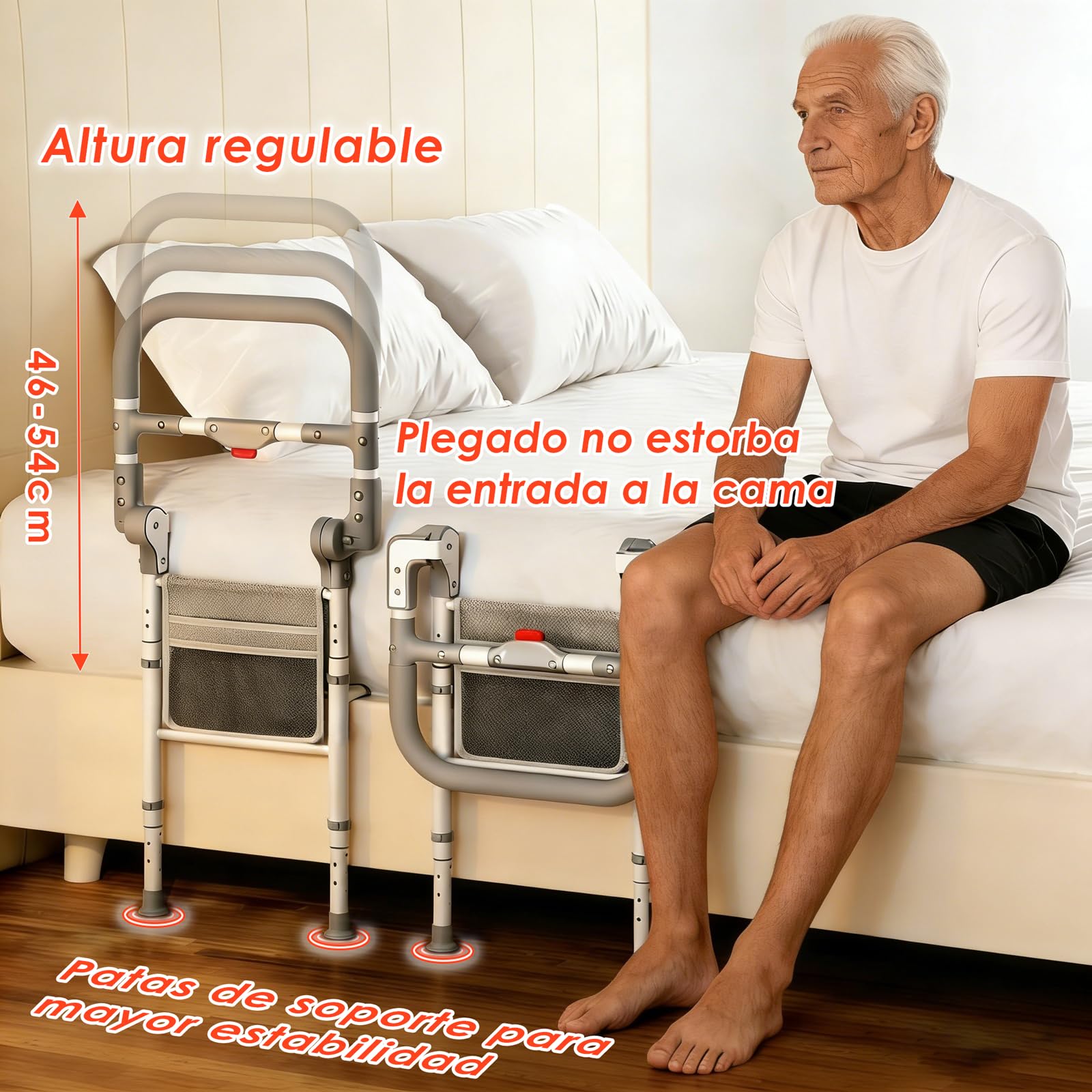 Sponda Letto Anziani Pieghevole, Barriera Letto Anziani con Altezza Regolabile, Supporto per Alzarsi dal Letto, Sbarra di Sicurezza Letto con Sistema a Sgancio Rapido, con Tasca Portaoggetti