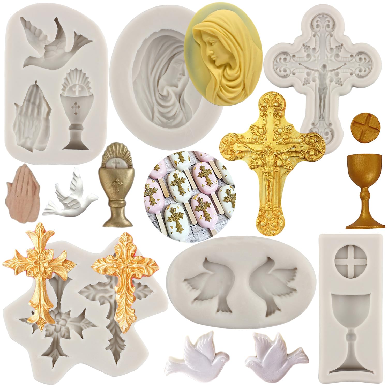 MYPRACS Cross Silicone Mould Communion Chalice Dove Fondant Moulds Baptism Cake Mould for Baptism Party Cake Decorating Cupcake Topper Polymer Clay Candy Chocolate Gum Paste Set of 6