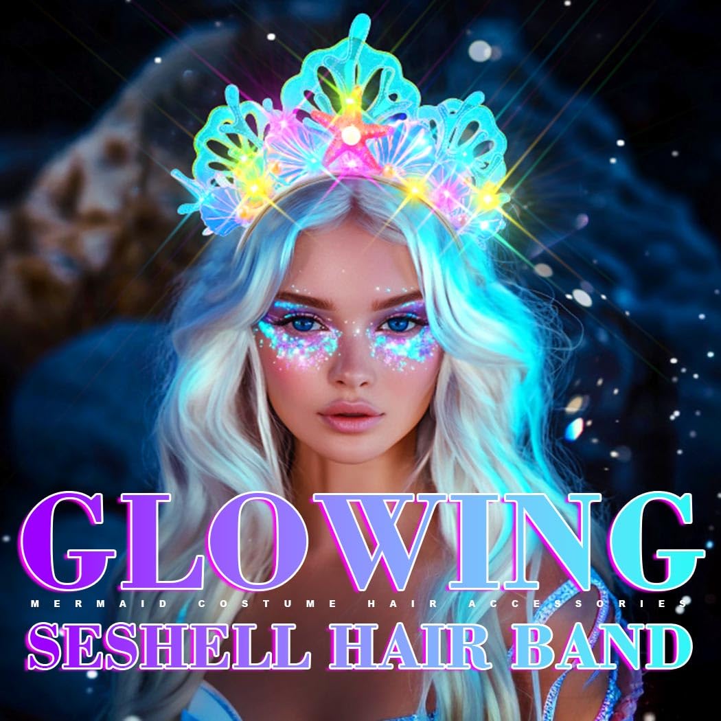 Handcess Light up Shell Headband LED Starfish Hair Band Glitter Glowing Hair Hoop Party Rave Hair Accessories for Women - Image 4