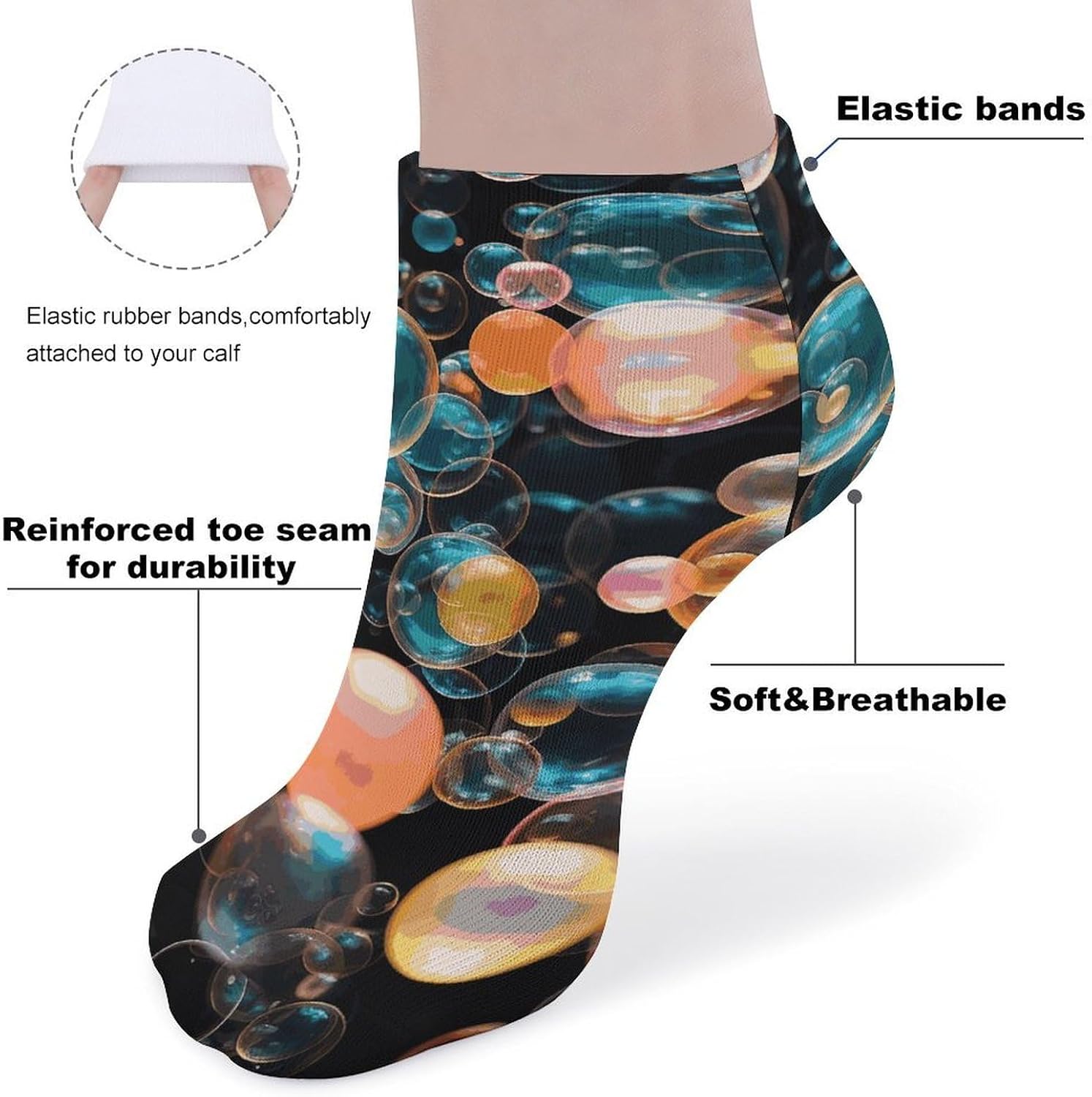 Soap Bubbles Socks 5 Pairs Breathable Leisure Ankle Socks Low Cut Compression Running Sock Men Women