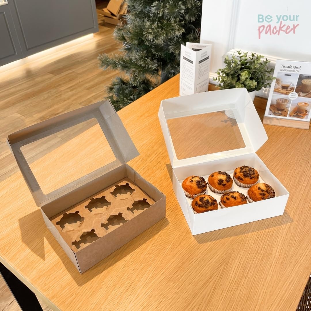 Lot De 30 Boîtes à Cupcakes - 6 Trous, Fenêtre Transparente, Carton Kraft Blanc - Idéal Pâtisserie, Cadeaux, événements