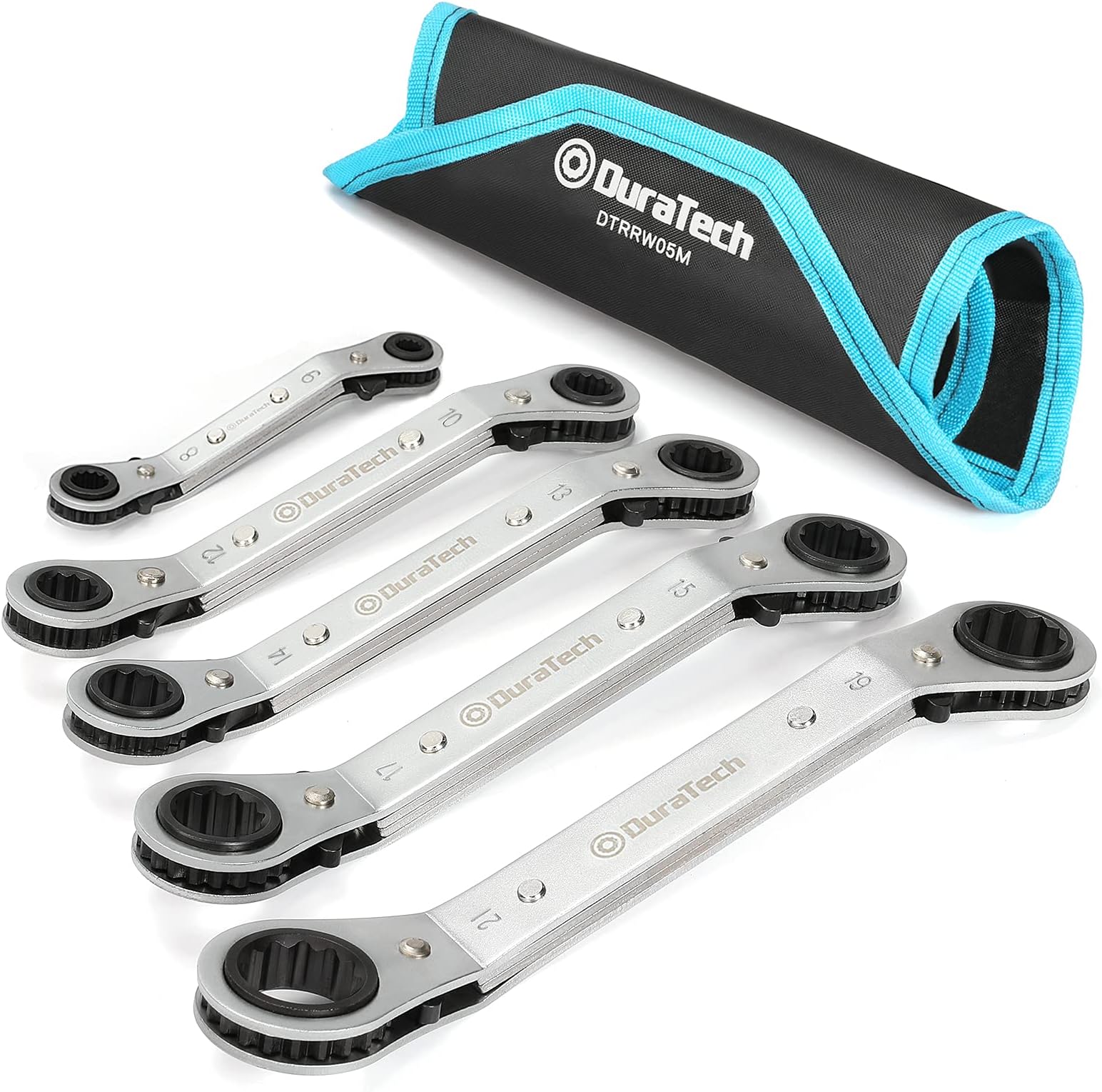 DURATECH 5 Pc Double Offset Box End Reversible Ratcheting Wrench Set Metric, Heavy-duty, Matte Chrome Plated, Ratchet Spanner Crooked for Narrow Spaces (6x8 mm, 10x12 mm, 13x14 mm, 15x17 mm, 19x21 mm)