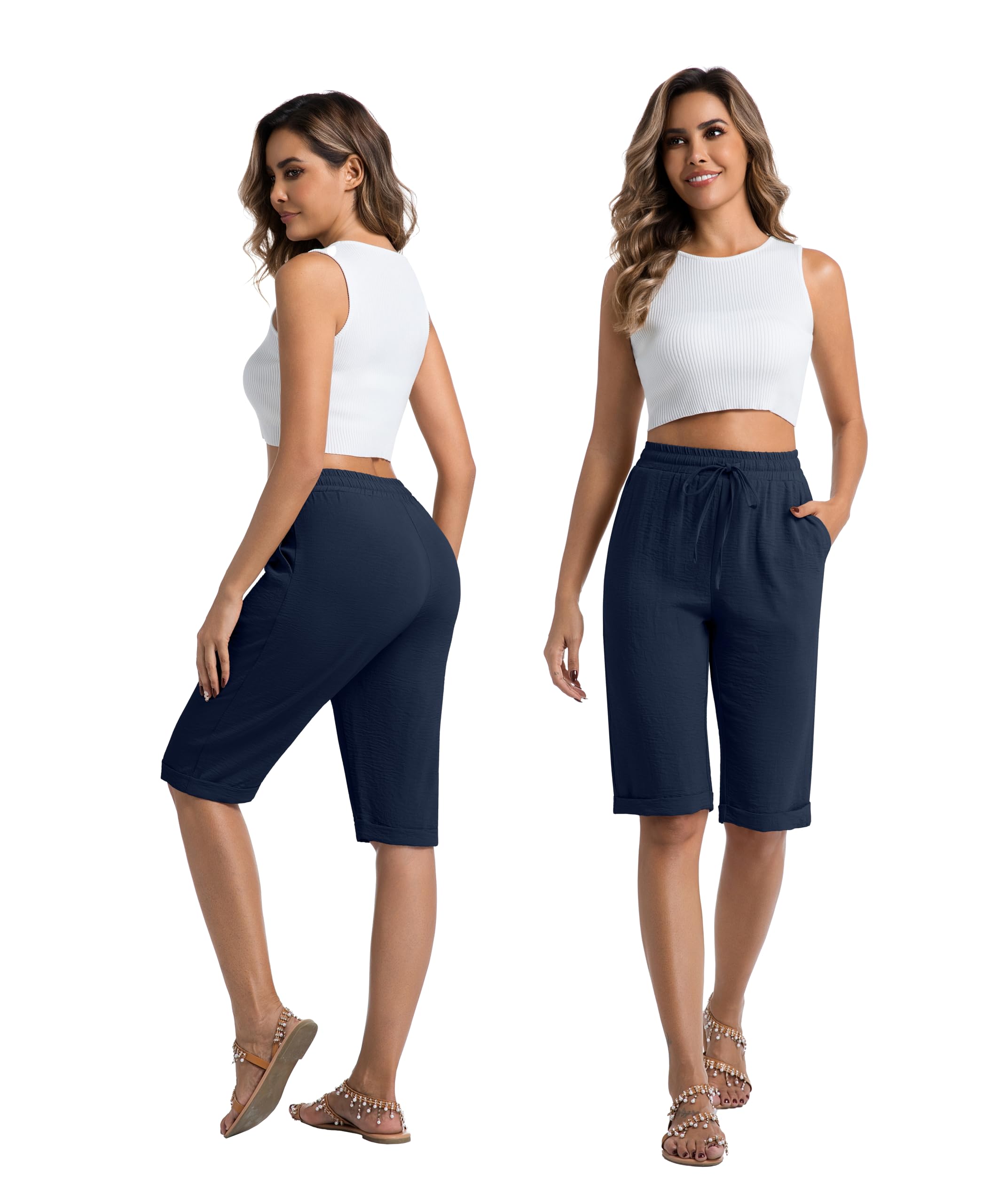 IWOLLENCE Pantaloni corti estivi da donna, lunghezza al ginocchio, leggeri, baggy, da spiaggia, con coulisse, con tasche, con risvolto fisso sull'orlo, con elastico in vita