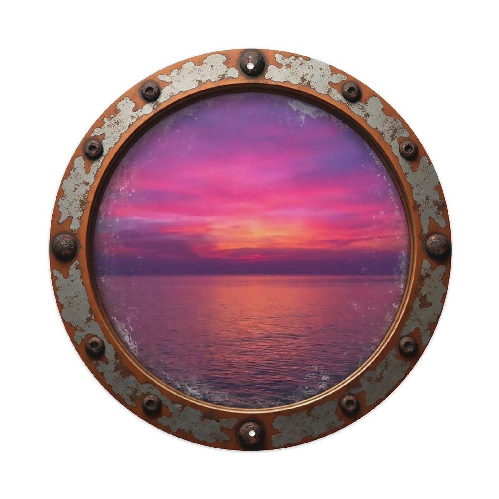 Vintage Porthole Magenta Twilight Nautical Window View Metal Tin Sign