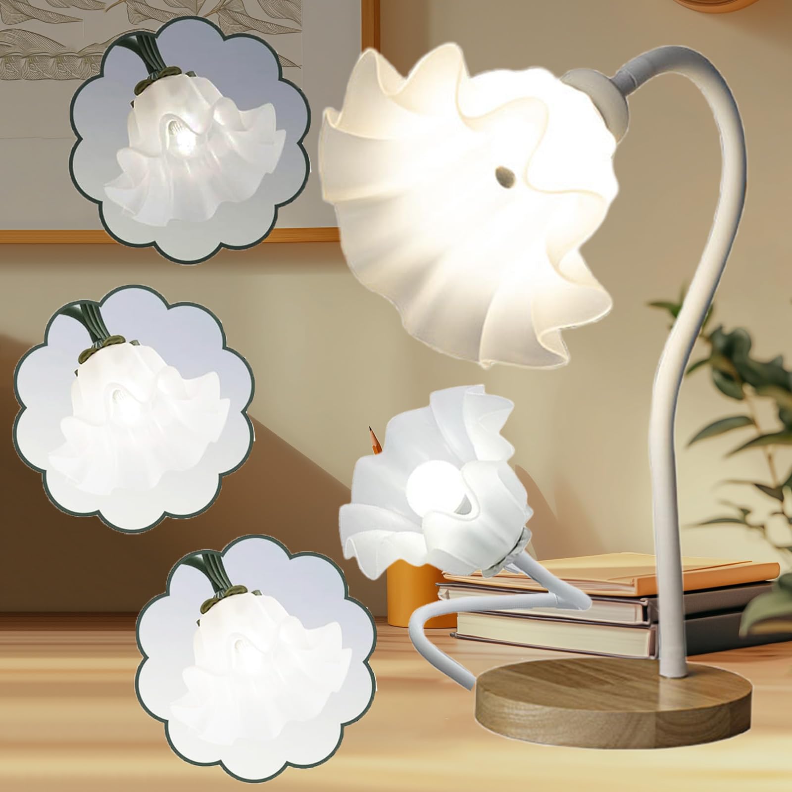 Blumen-Tischlampe, Schwanenhals, Maiglöckchen, Schreibtischlampe mit stufenlosem Dimmen, biegbar, Blumenlampe, augenschonendes Nachttischlicht, LED-Leselampe für Schlafzimmer, Lesen, Büro,