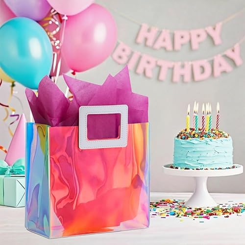 Miniatura 2 de VUOJUR Bolsa de regalo pequeña holográfica de 8.3 pulgadas con papel de seda, reutilizable, bolsa de regalo de cumpleaños para mujeres y niñas,