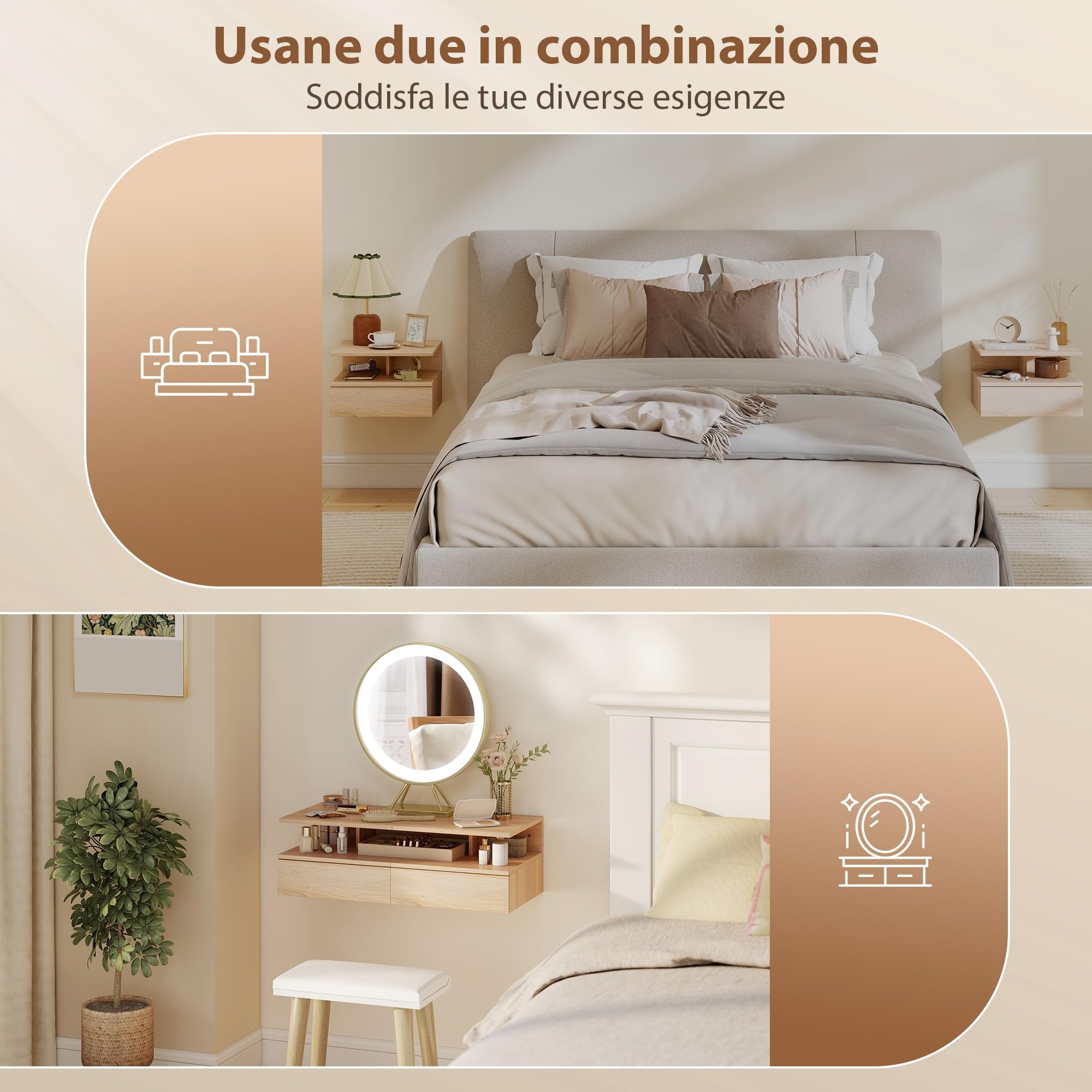 HOMCOM Set da 2 Comodini Sospesi Salvaspazio 35x32x22.5cm Rovere