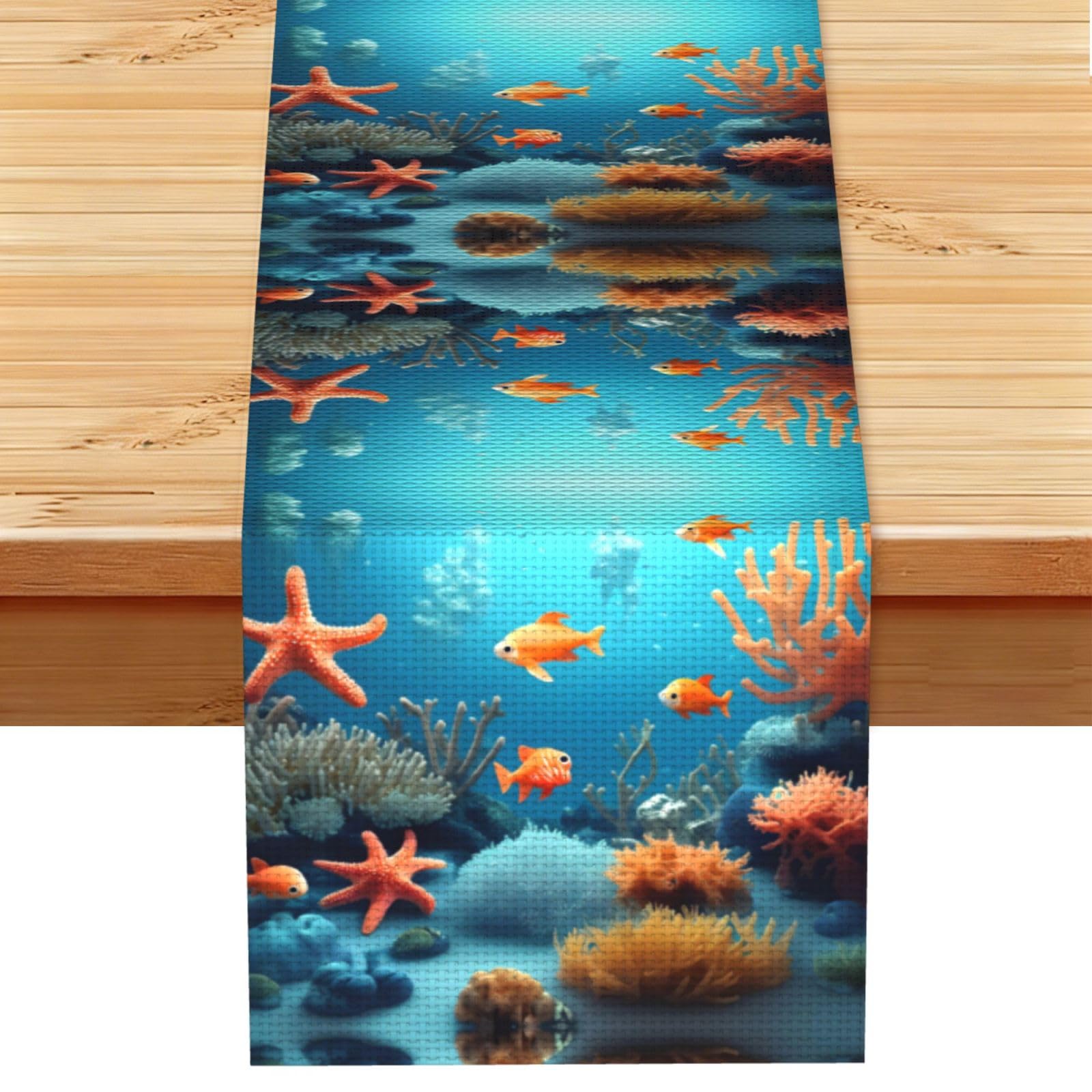 Coral Fish underwater Linen Look Table Runner 13x72-Wrinkle Resistant Farmhouse Style for Dining Table Decor